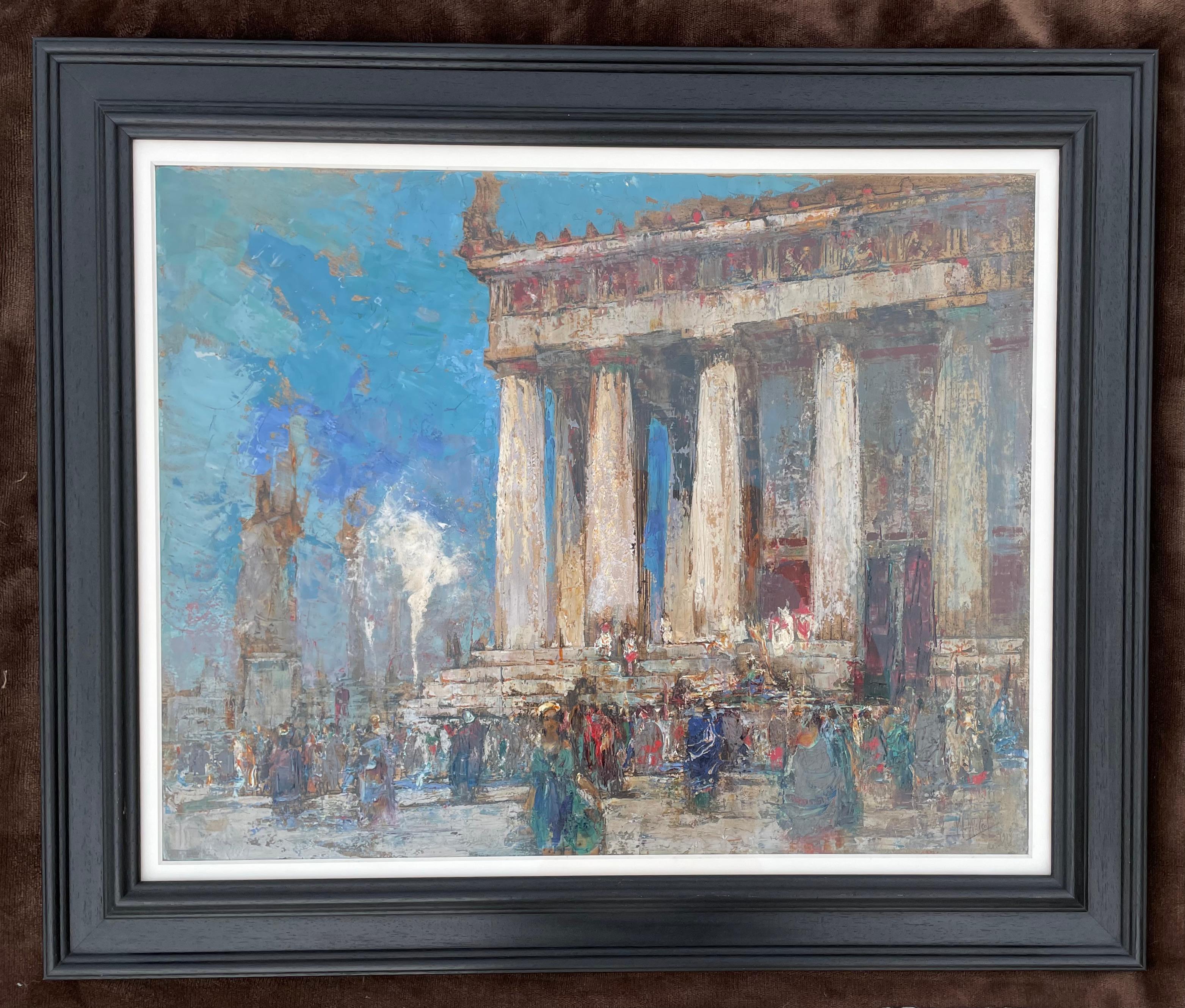 William Walcot - The Temple, 20th Century oil on paper over an etched base For Sale 3