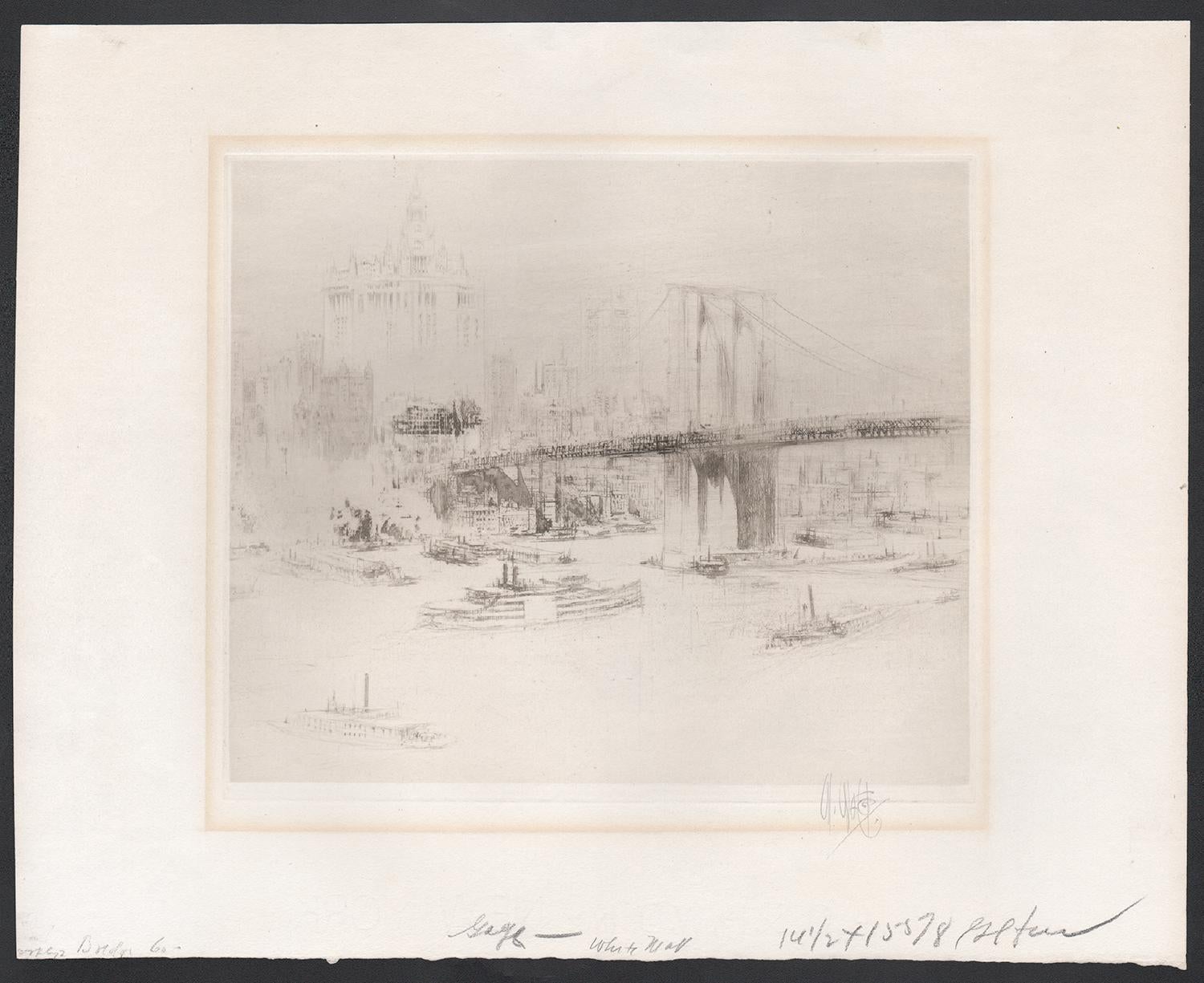 Brooklyn Bridge, New York, signed etching by William Walcot, c1925 - Print by William Walcot, R.E., Hon.R.I.B.A.