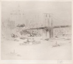 Antique Brooklyn Bridge, New York, signed etching by William Walcot, c1925