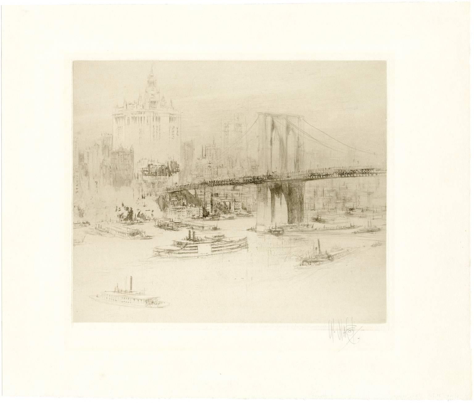 Brooklyn Bridge, New York - Print by William Walcot, R.E., Hon.R.I.B.A.