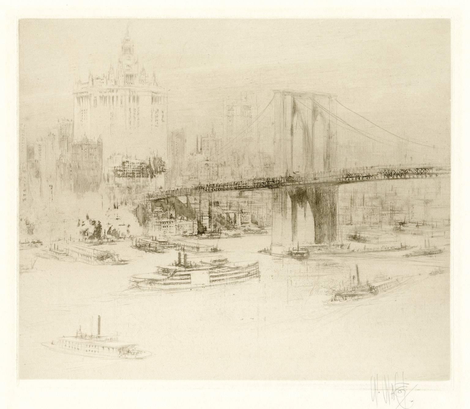 William Walcot, R.E., Hon.R.I.B.A. Landscape Print - Brooklyn Bridge, New York