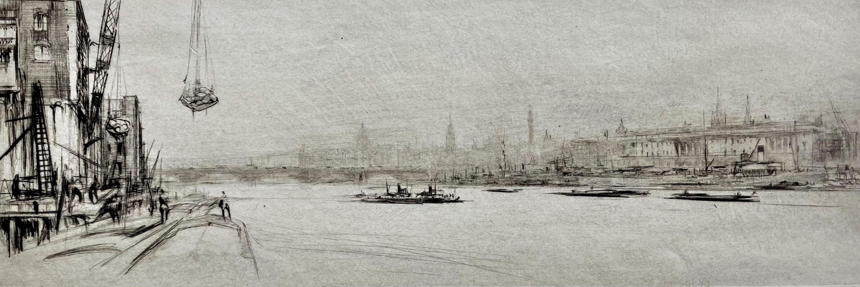 Loading Barges on the Thames - Gray Landscape Print by William Walcot, R.E., Hon.R.I.B.A.