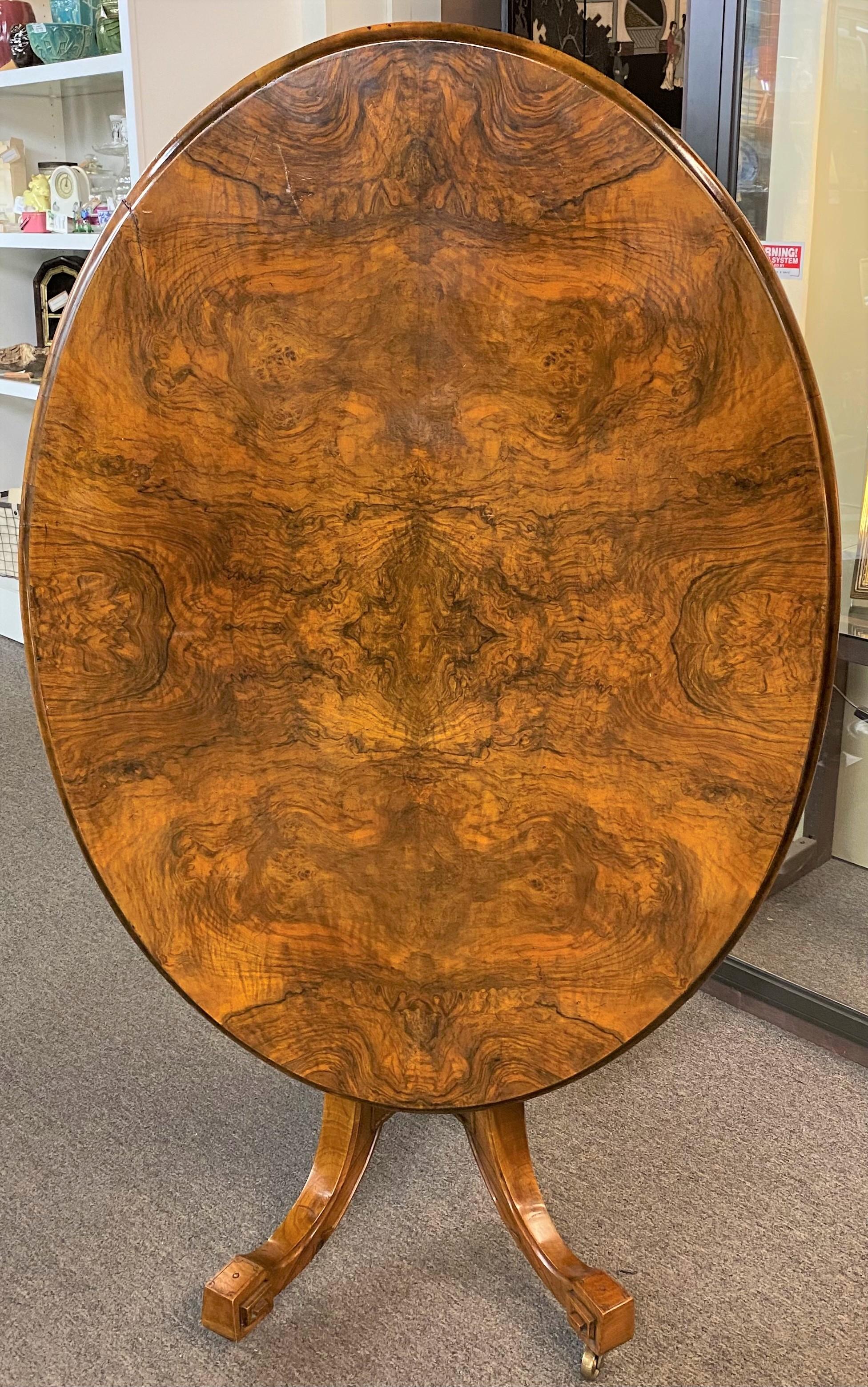 Hand-Carved William Wallace & Co English Burl Oval Tilt Top Breakfast or Center Table