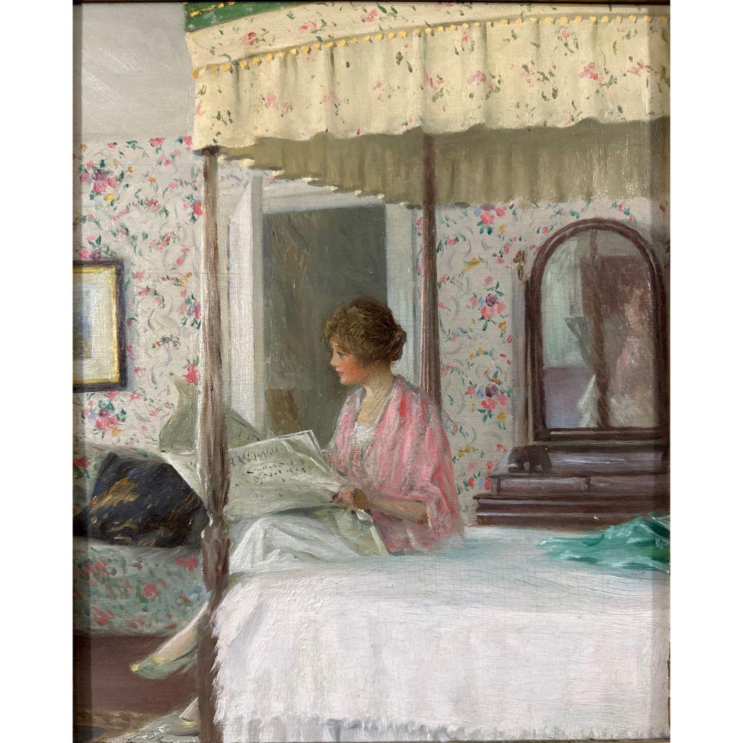 Las Noticias de la Mañana Realismo de principios del siglo XIX: Pintura antigua al óleo sobre tabla de madera - Painting de William Wallace Gilchrist