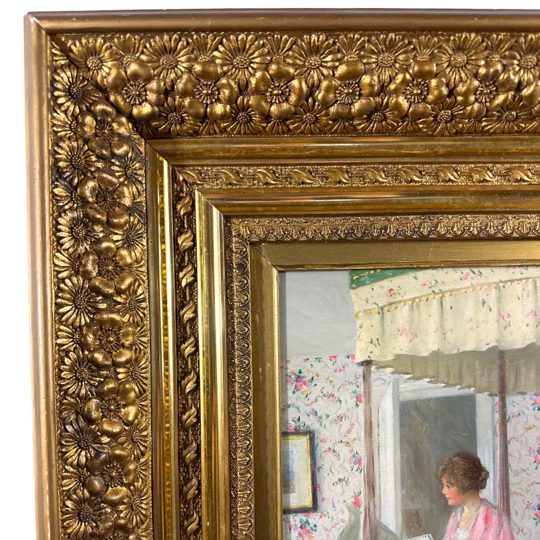 The Morning News Realismus des frühen 19. Jahrhunderts: Antikes Ölgemälde auf Holztafel (Braun), Interior Painting, von William Wallace Gilchrist
