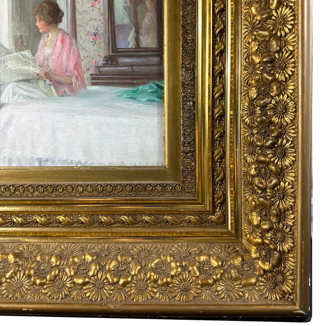 The Morning News Early 19th-century Realism: Antique Oil Painting on Wood Panel For Sale 1