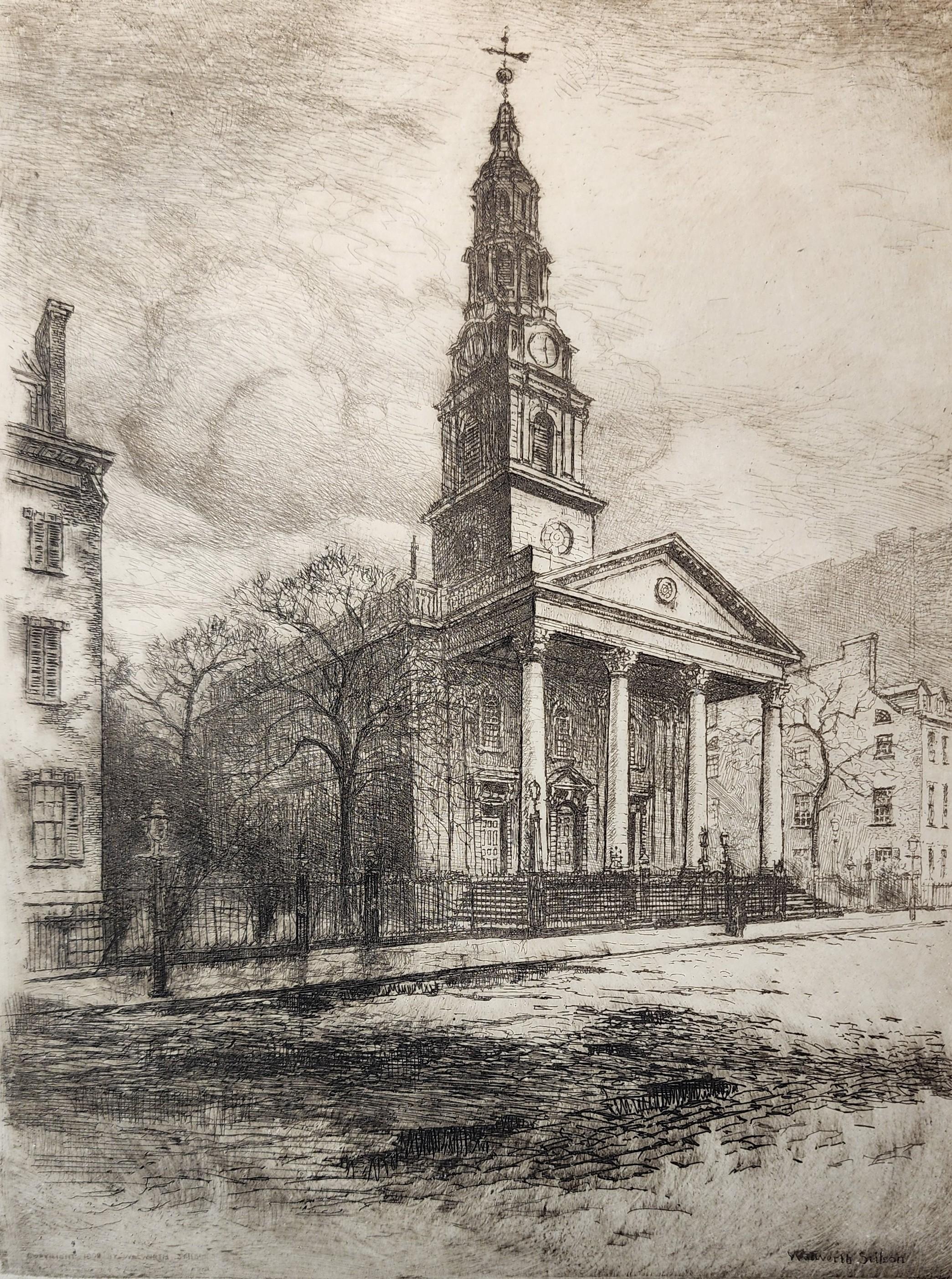 La chapelle St. John's, Varick Street, New York City, eau-forte de 1909, Histoire de la ville - Print de William Walworth Stilson