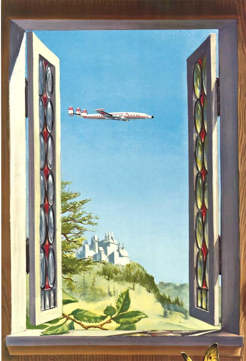 Poster originale FLY TWA Germany, aereo Constellation, vintage - Print di William Ward Beecher