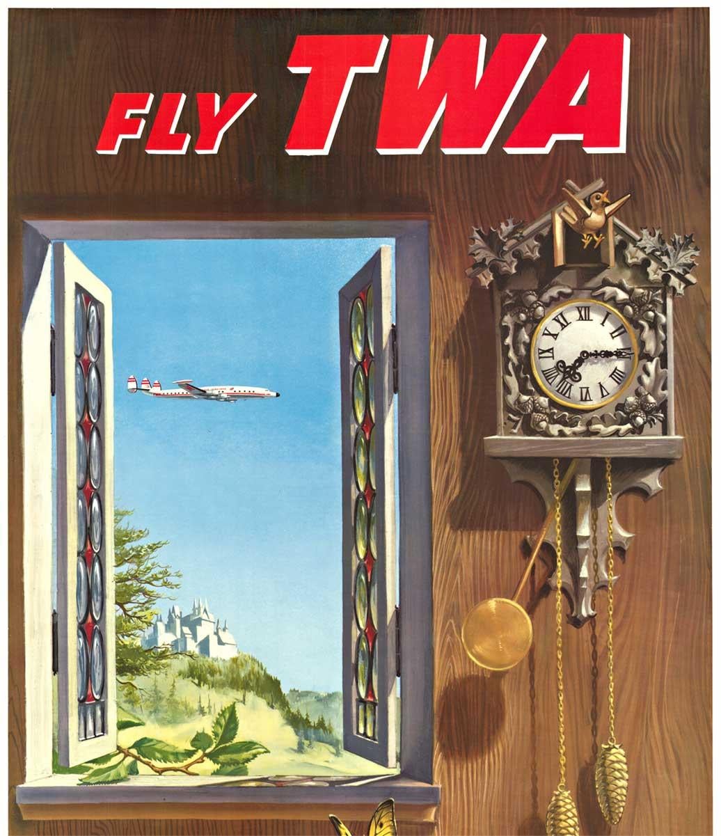 Original FLY TWA Germany, Constellation aircraft, vintage poster - American Realist Print by William Ward Beecher