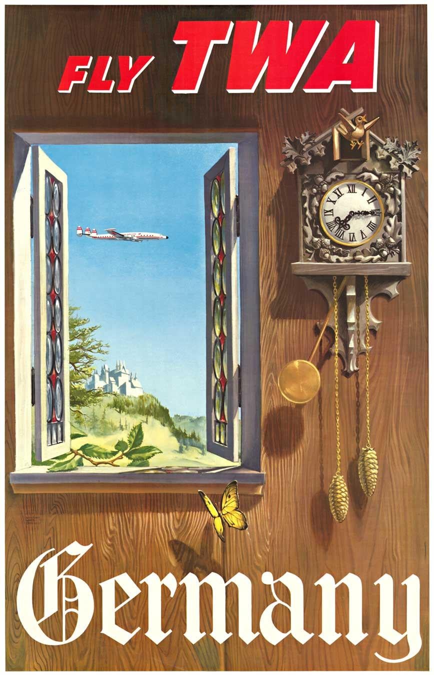 William Ward Beecher Landscape Print - Original FLY TWA Germany, Constellation aircraft, vintage poster