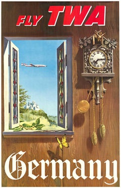 Poster originale FLY TWA Germany, aereo Constellation, vintage