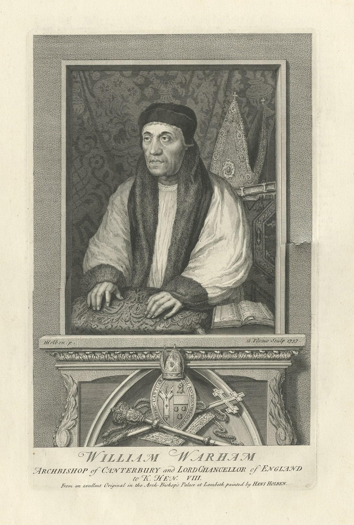 Antique portrait titled 'William Warham, Archbishop of Canterbury and Lord Chancellor of England'. 

Portrait of William Warham. William Warham was the Archbishop of Canterbury from 1503 to his death. This print originates from 'The Heads of