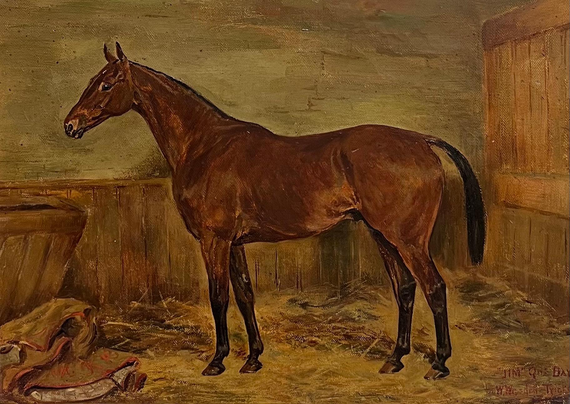Fine 1920s British Horse Oil Painting Sporting Art Equestrian Portrait in Stable - Brown Portrait Painting by WILLIAM WASDELL TRICKETT (FL. 1921-1939) 