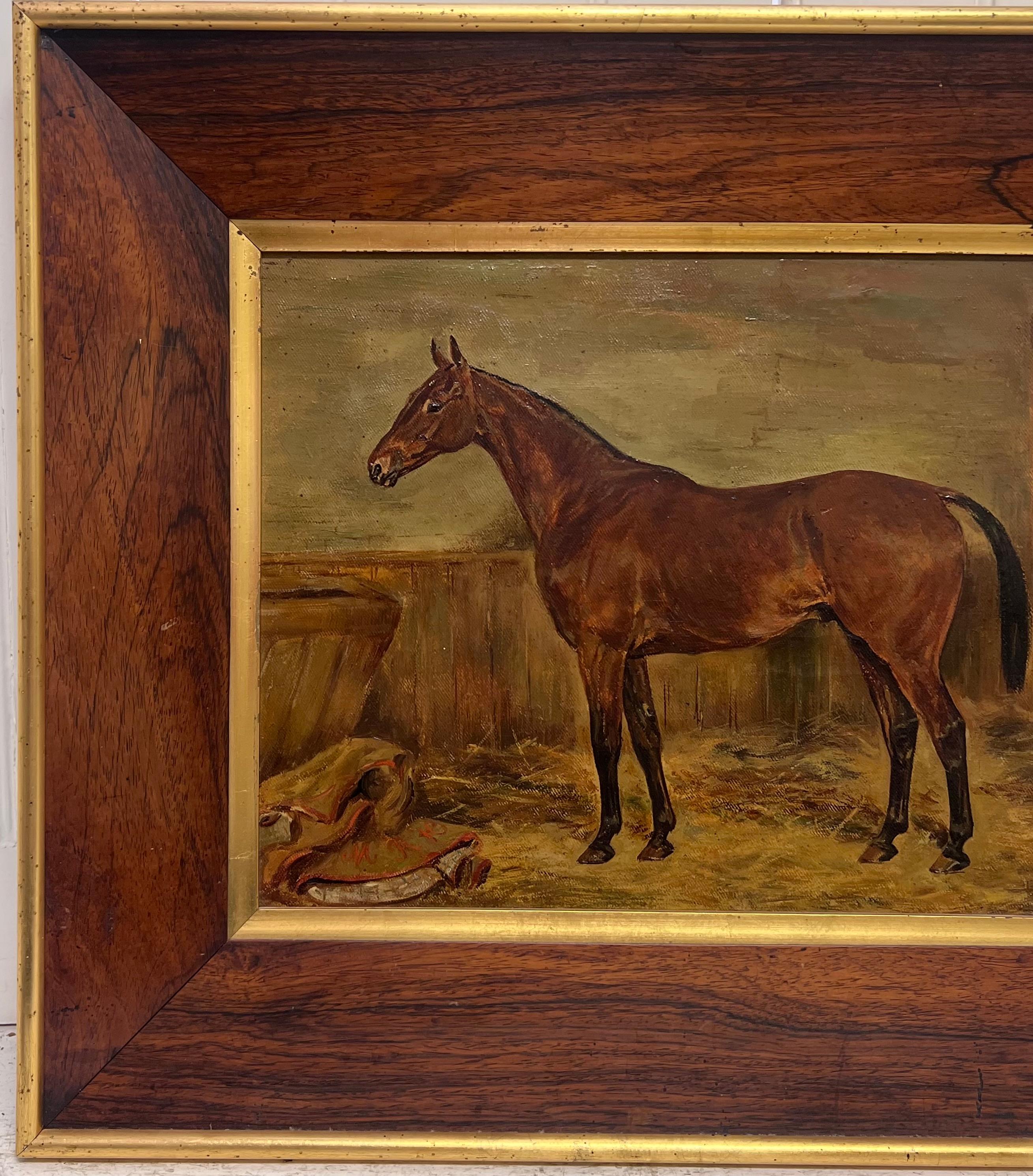 Fine 1920s British Horse Oil Painting Sporting Art Equestrian Portrait in Stable For Sale 5