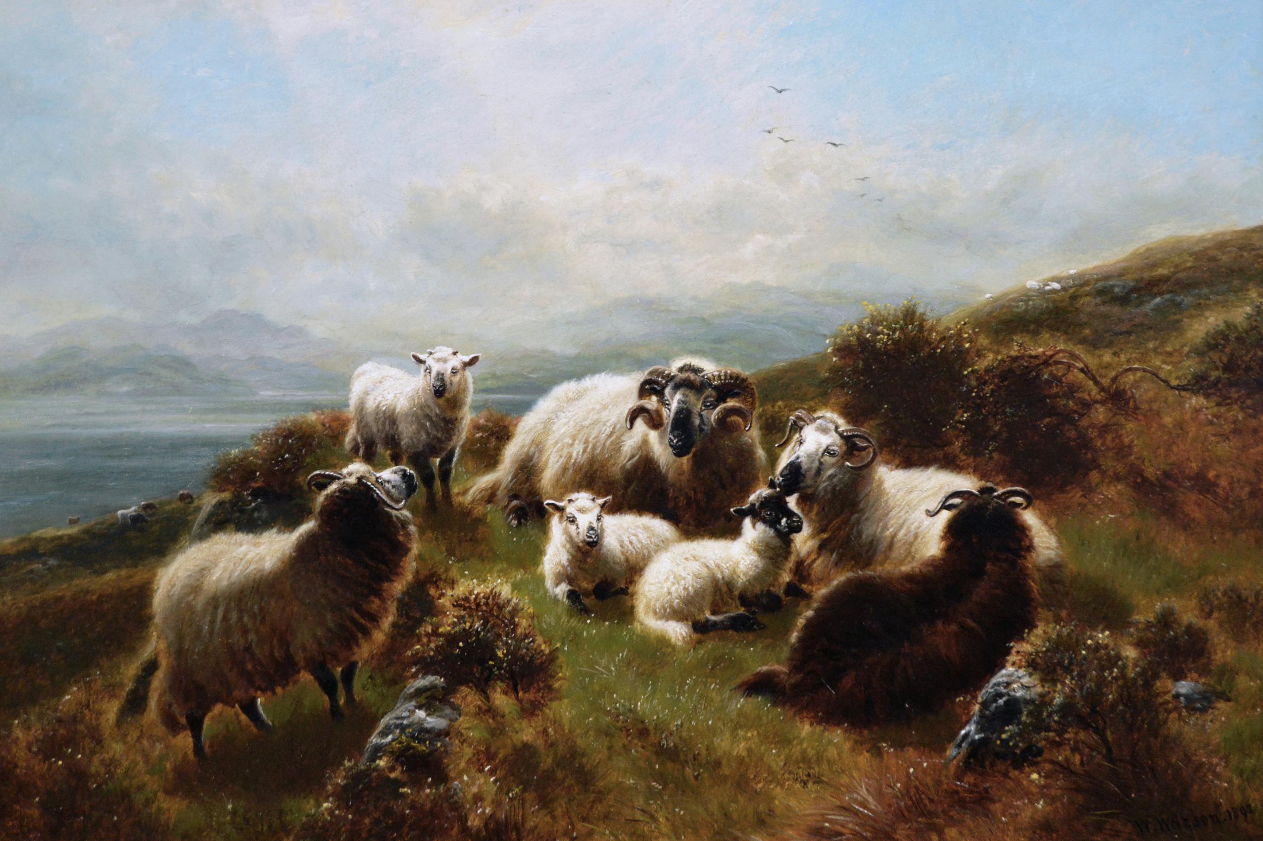 19th Century Highland landscape oil painting of sheep near Loch Awe - Painting by William Watson