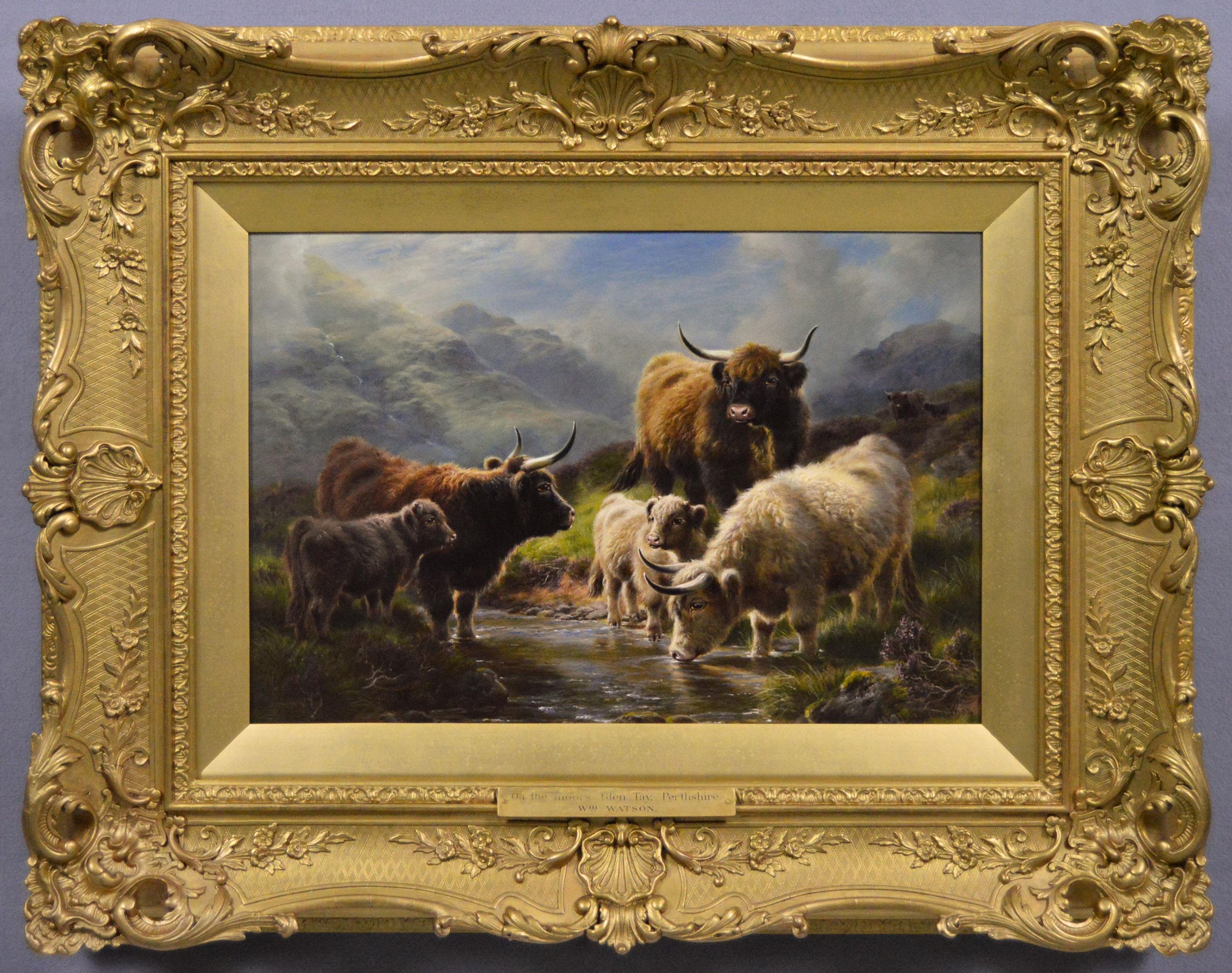 Scottish landscape oil painting of Highland cattle at Glen Tay