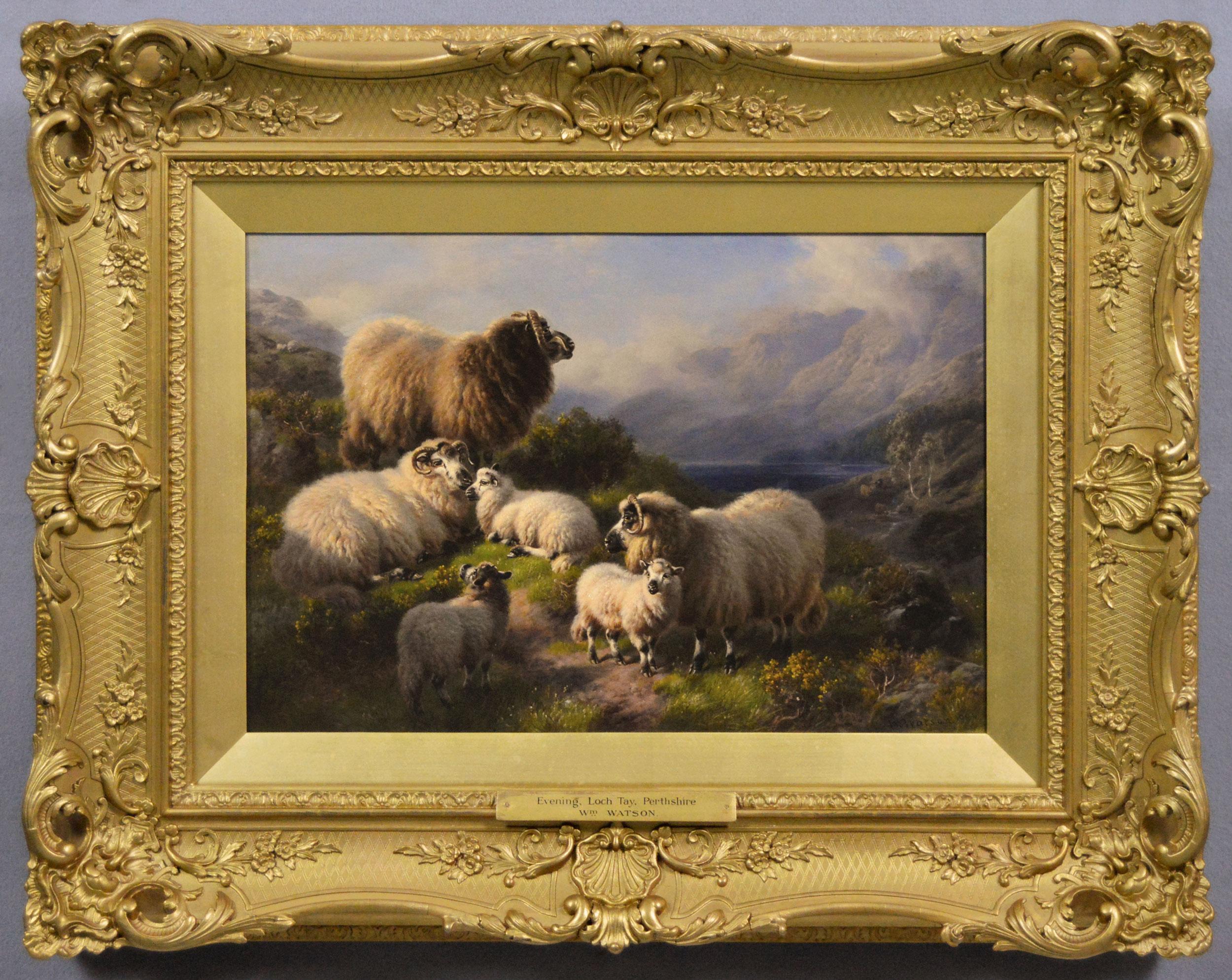 Peinture à l'huile représentant un paysage écossais avec des moutons des Highlands au Loch Tay