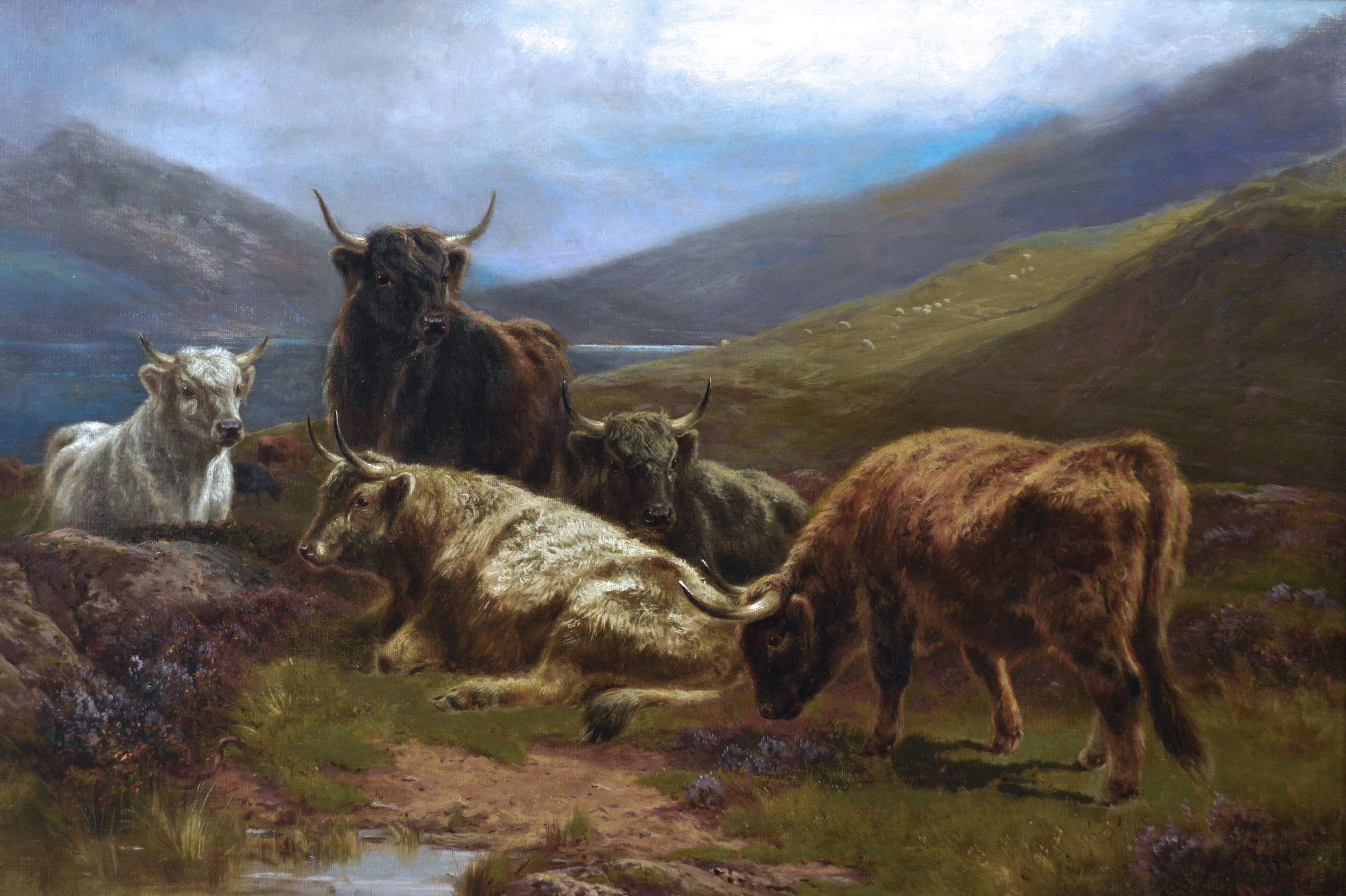 19th Century Highland landscape oil painting of cattle by Loch Eck - Painting by William Watson