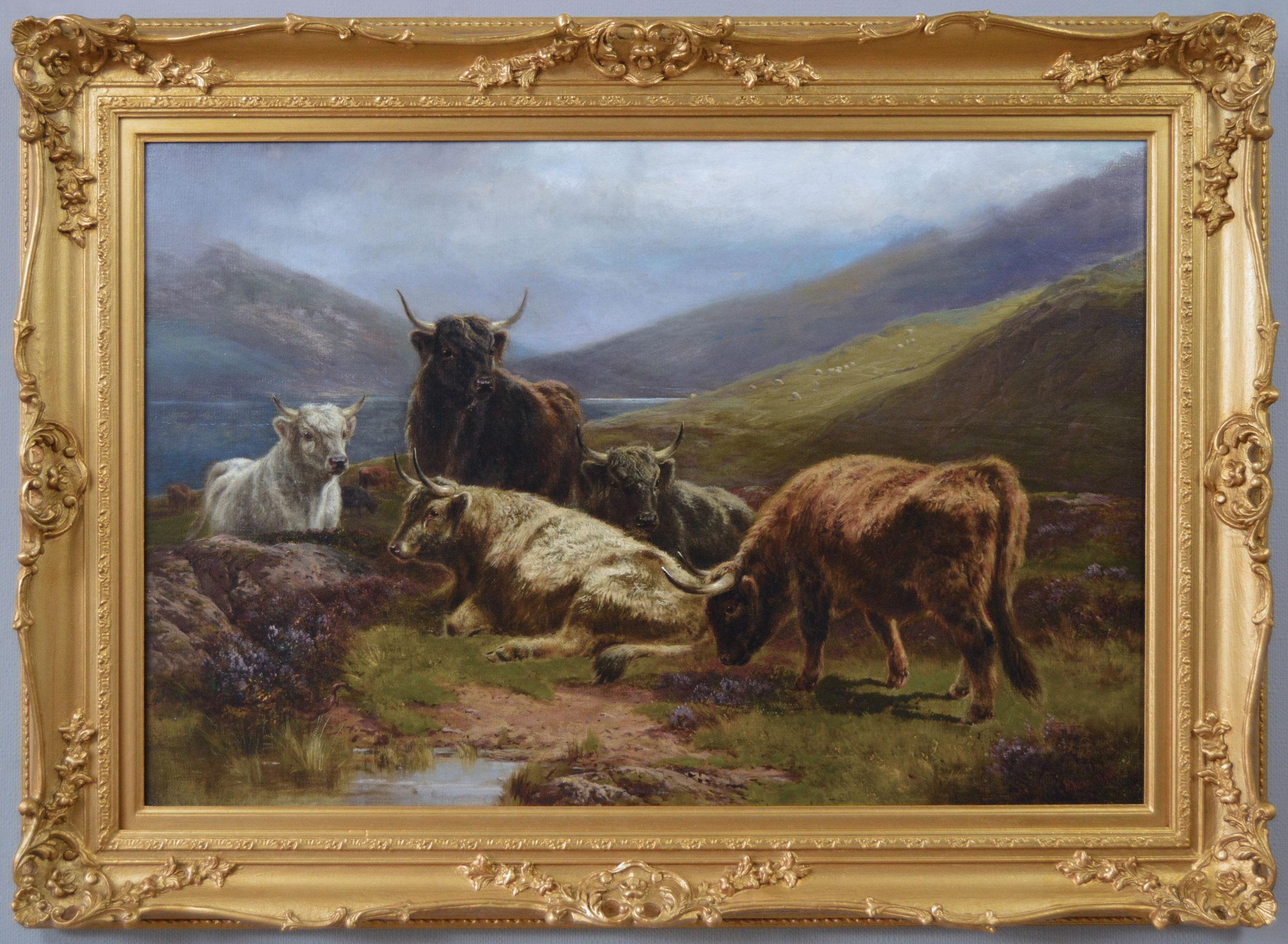19th Century Highland landscape oil painting of cattle by Loch Eck