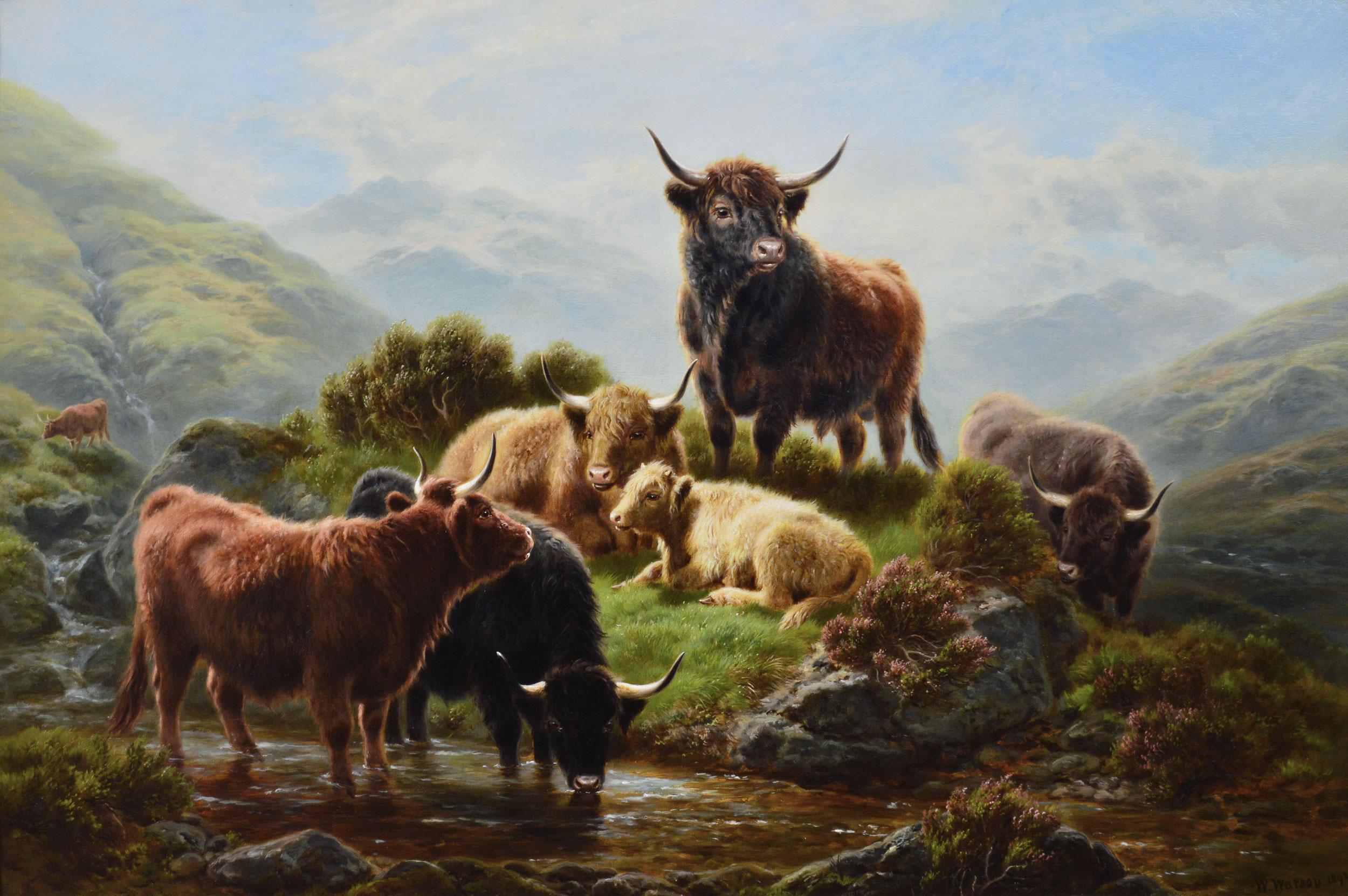 Peinture à l'huile écossaise du 19e siècle représentant le bétail des Highlands à Glen Goil  - Painting de William Watson