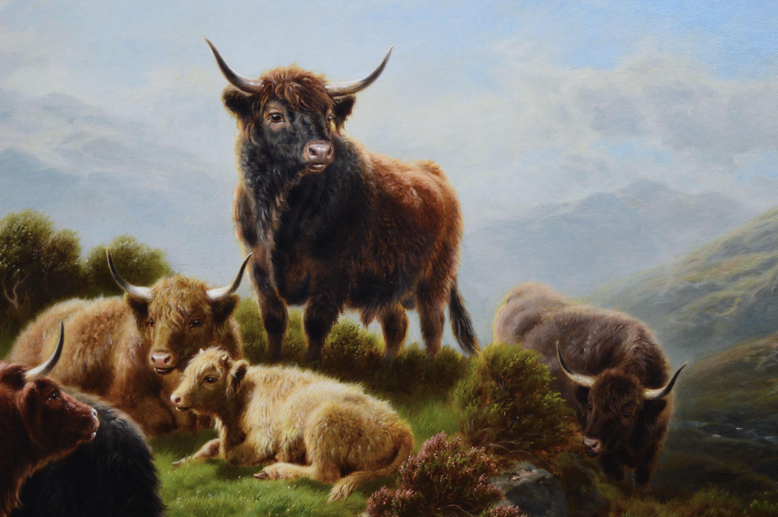 Peinture à l'huile écossaise du 19e siècle représentant le bétail des Highlands à Glen Goil  - Victorien Painting par William Watson
