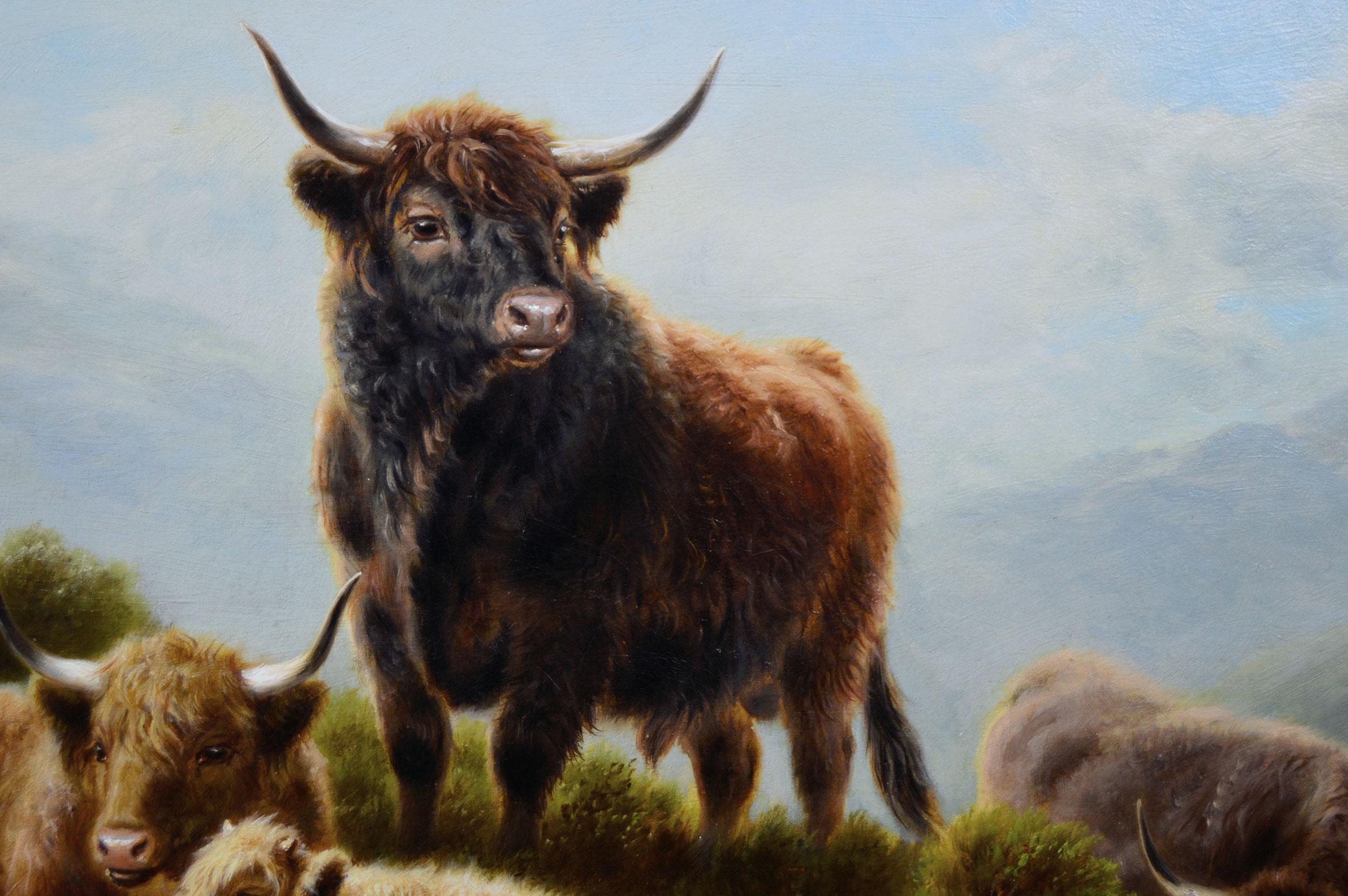 Peinture à l'huile écossaise du 19e siècle représentant le bétail des Highlands à Glen Goil  - Marron Animal Painting par William Watson