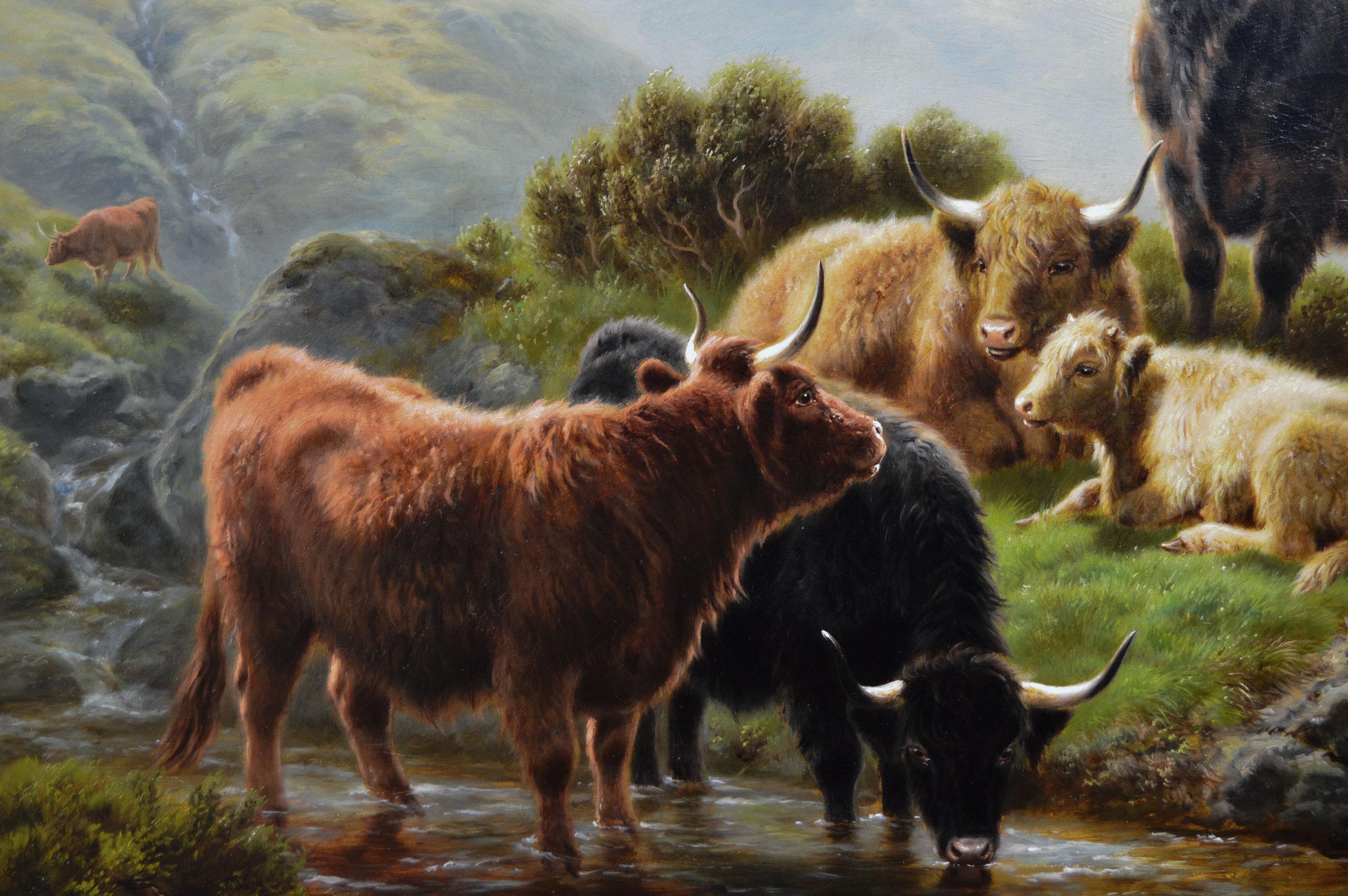 19th Century Scottish landscape oil painting of Highland cattle at Glen Goil  - Brown Animal Painting by William Watson