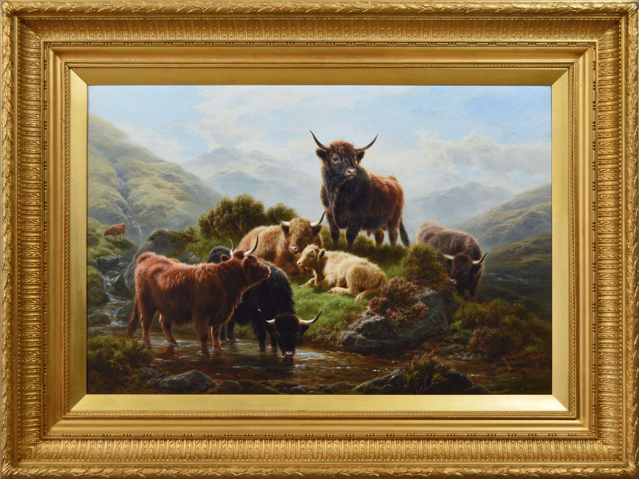Peinture à l'huile écossaise du 19e siècle représentant le bétail des Highlands à Glen Goil 