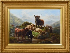 Antique 19th Century Scottish landscape oil painting of Highland cattle at Glen Goil 