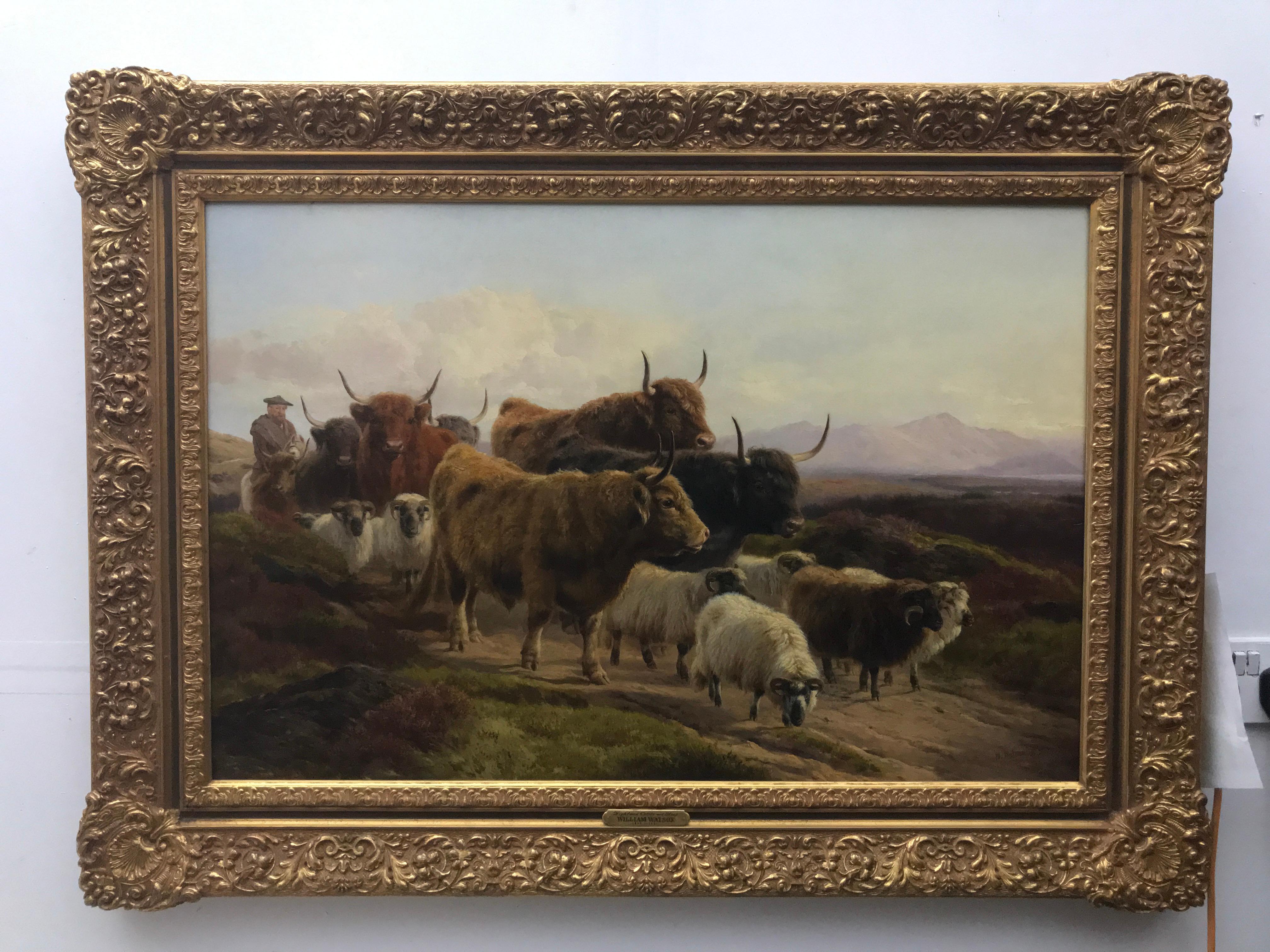 « Highland Cattle & Sheep, with shepherd, paysage écossais, huile sur toile en vente 2
