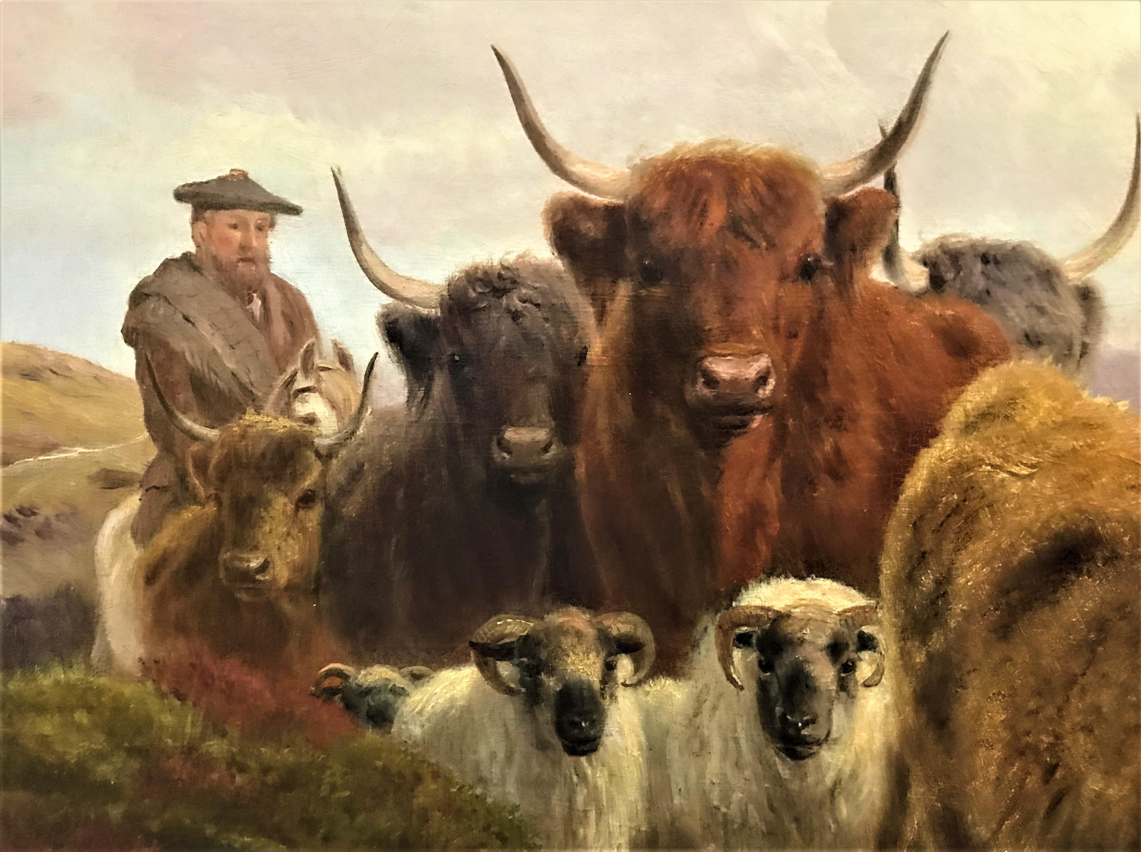 « Highland Cattle & Sheep, with shepherd, paysage écossais, huile sur toile - Painting de William Watson