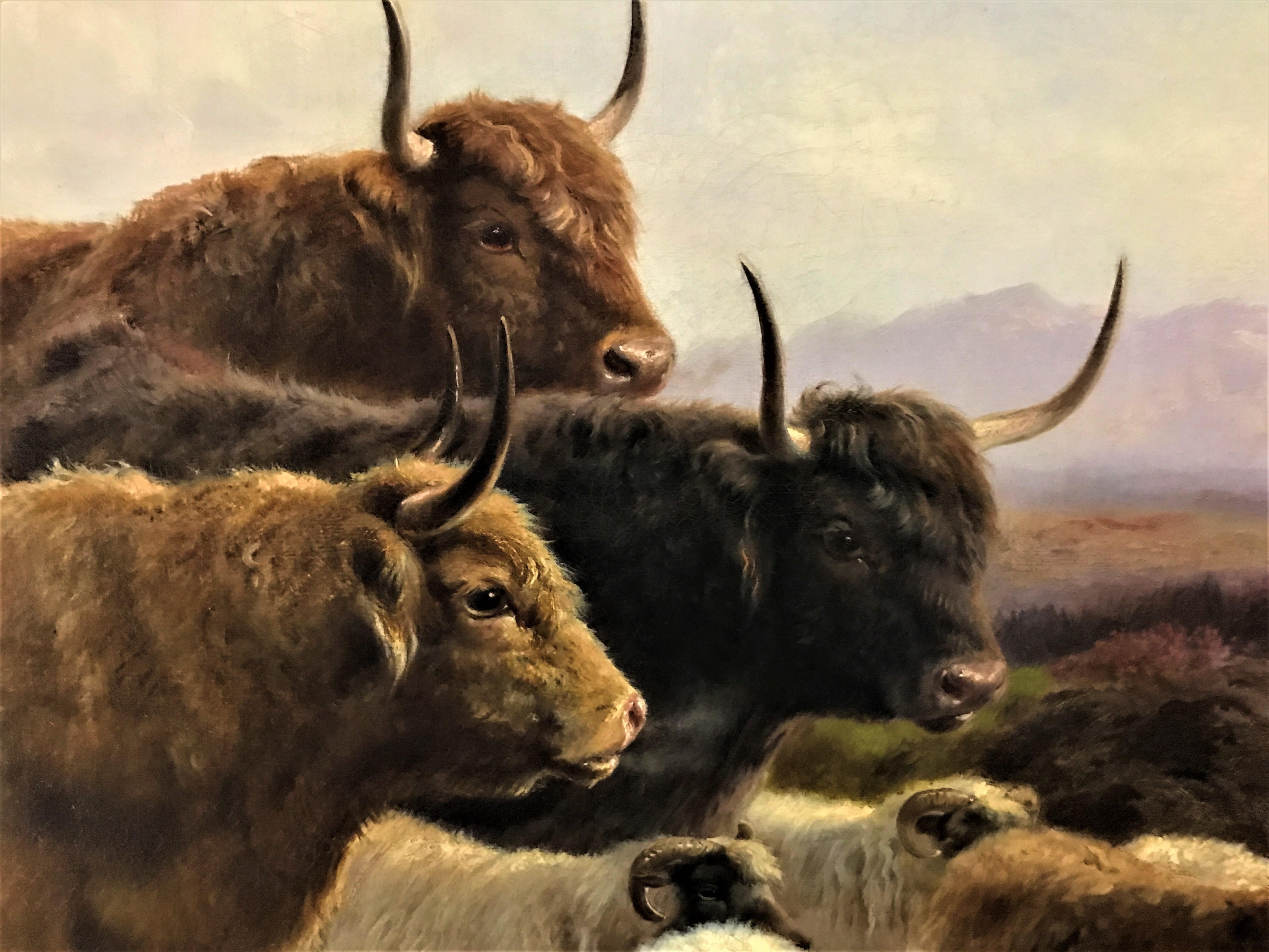 « Highland Cattle & Sheep, with shepherd, paysage écossais, huile sur toile - Victorien Painting par William Watson