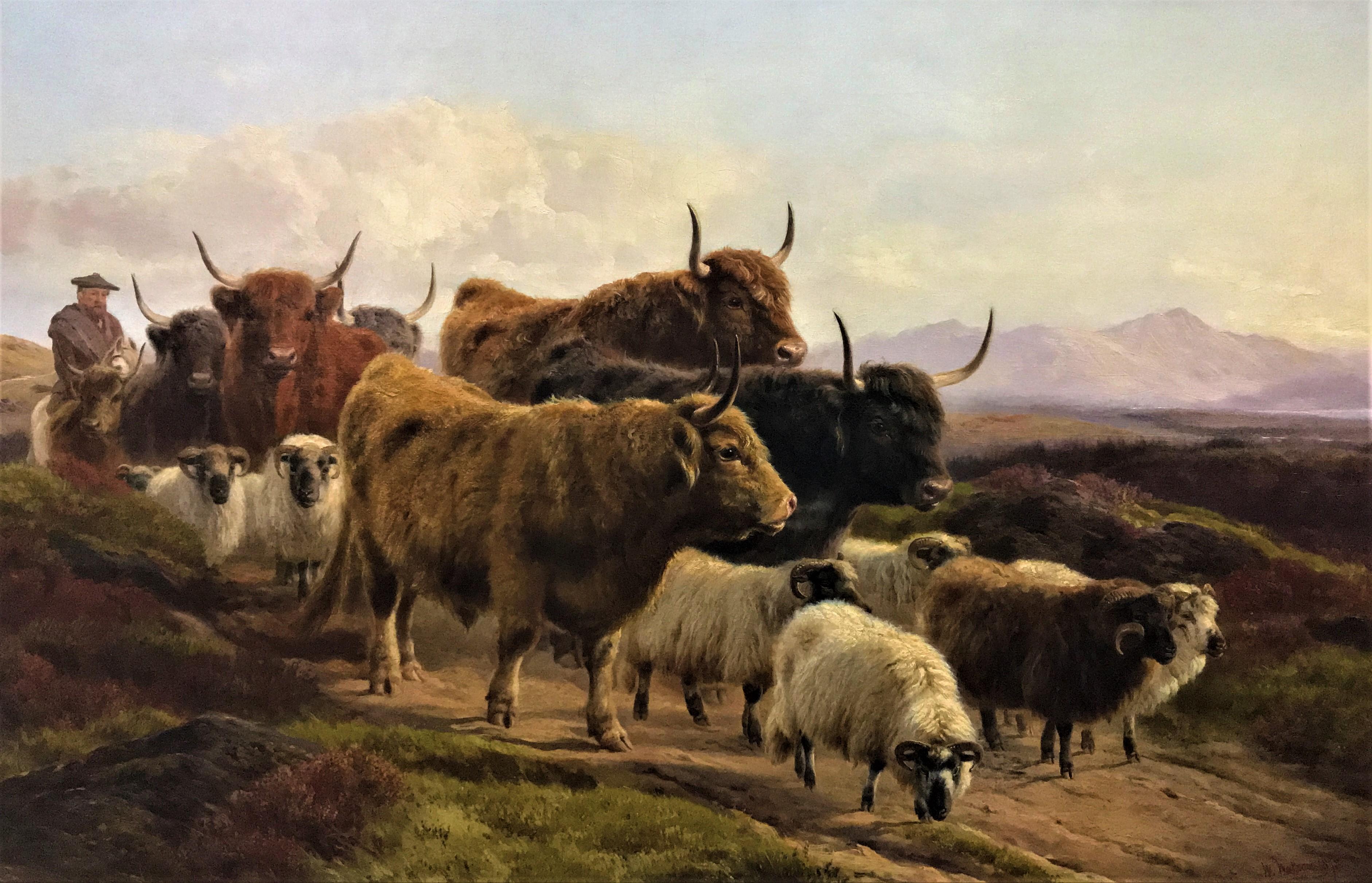 "Highland Cattle & Sheep”, with shepherd, Scottish landscape, oil on canvas