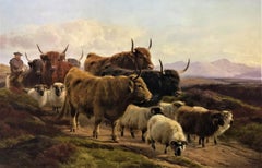 Antique "Highland Cattle & Sheep”, with shepherd, Scottish landscape, oil on canvas