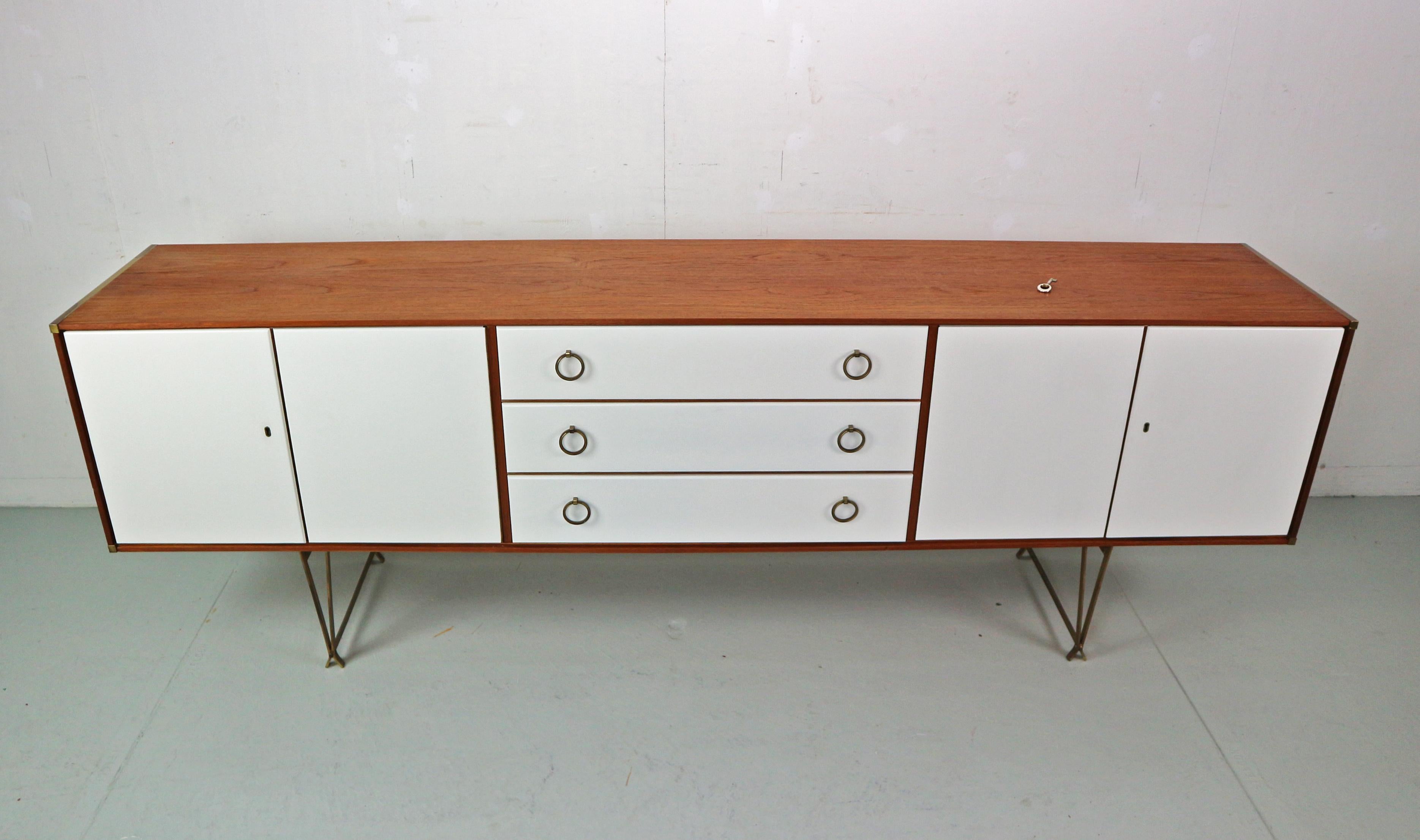 Danish William Watting Teak & Brass Highbiard/ Buffet Cabinet for Fristho, 1950 Denmark For Sale