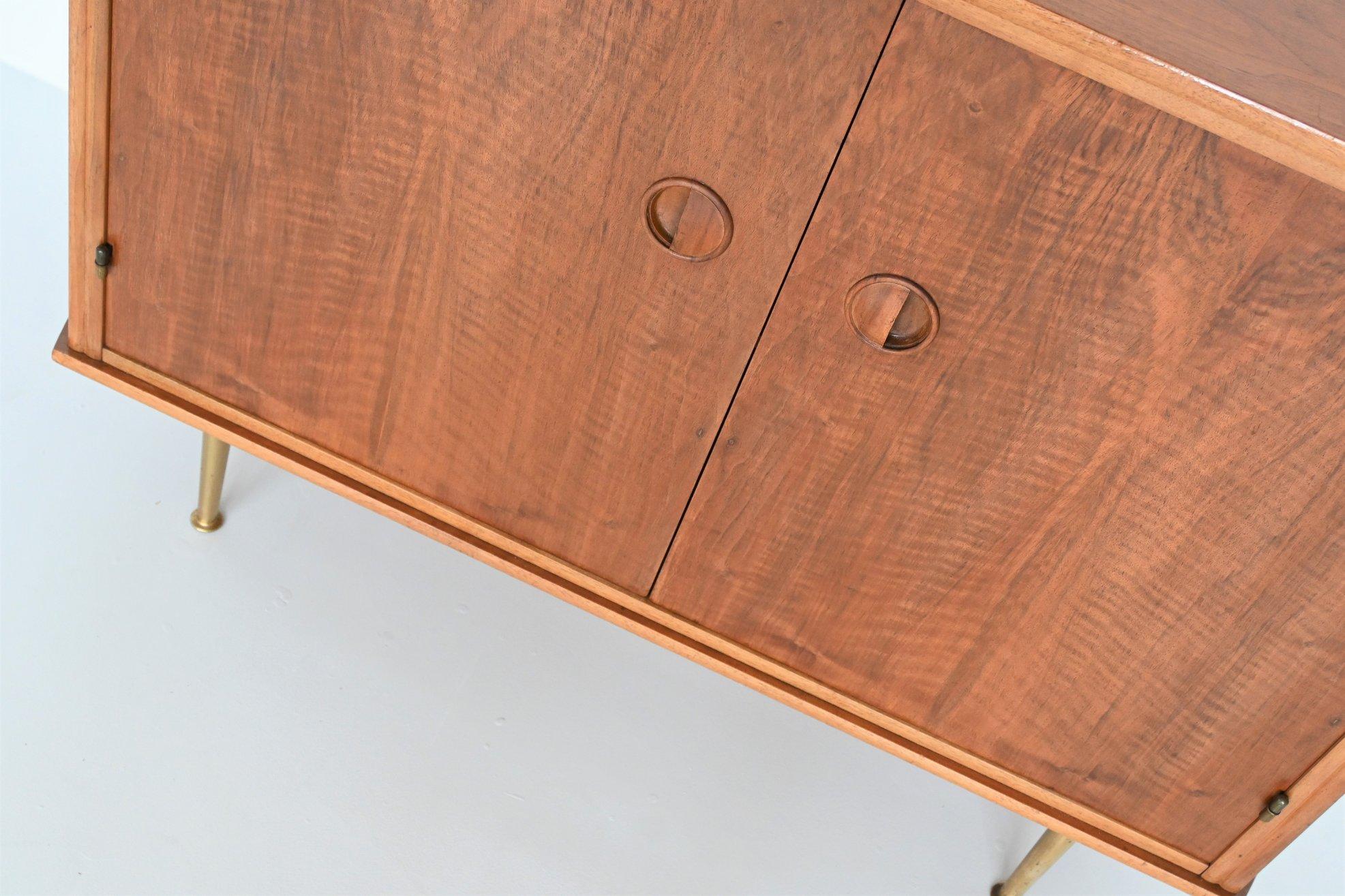 Brass William Watting walnut wood cabinet Fristho Franeker The Netherlands 1960