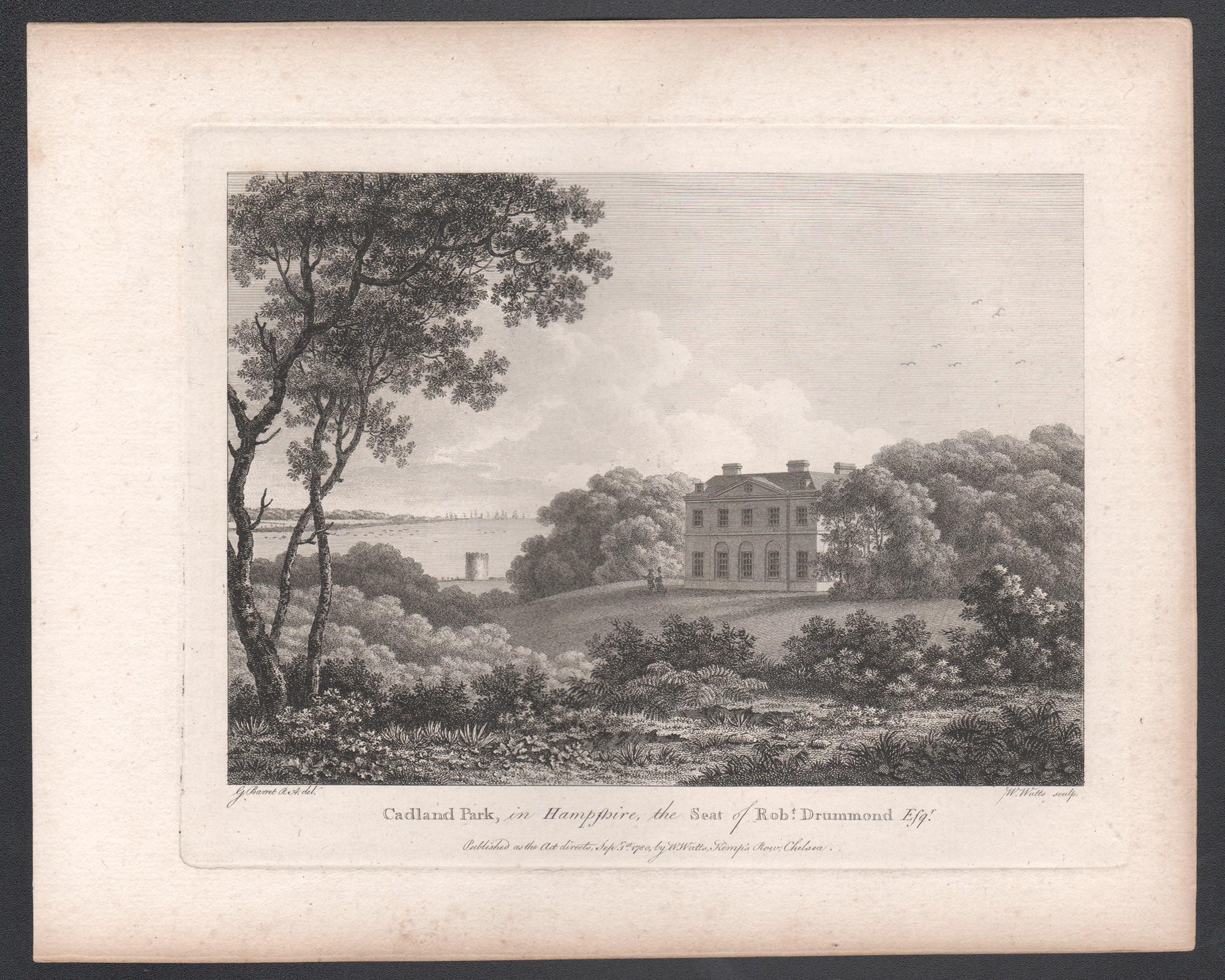 Cadland Park in Hampshire, 18th century English country house engraving, 1780 - Print by William Watts