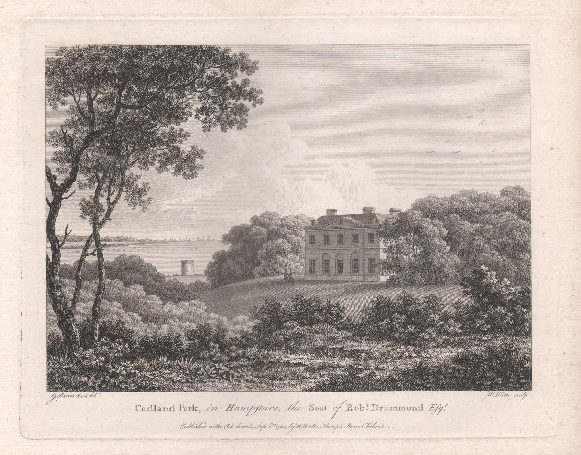 William Watts Landscape Print – Cadland Park in Hampshire, englische Landhausgravur aus dem 18. Jahrhundert, 1780