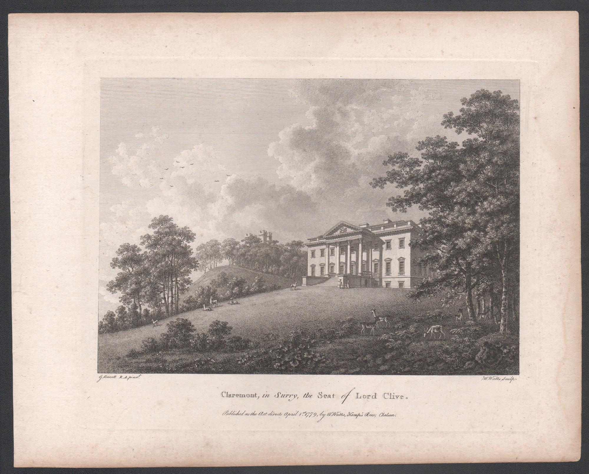 Claremont, in Surrey, 18th century English country house engraving, 1782 - Print by William Watts