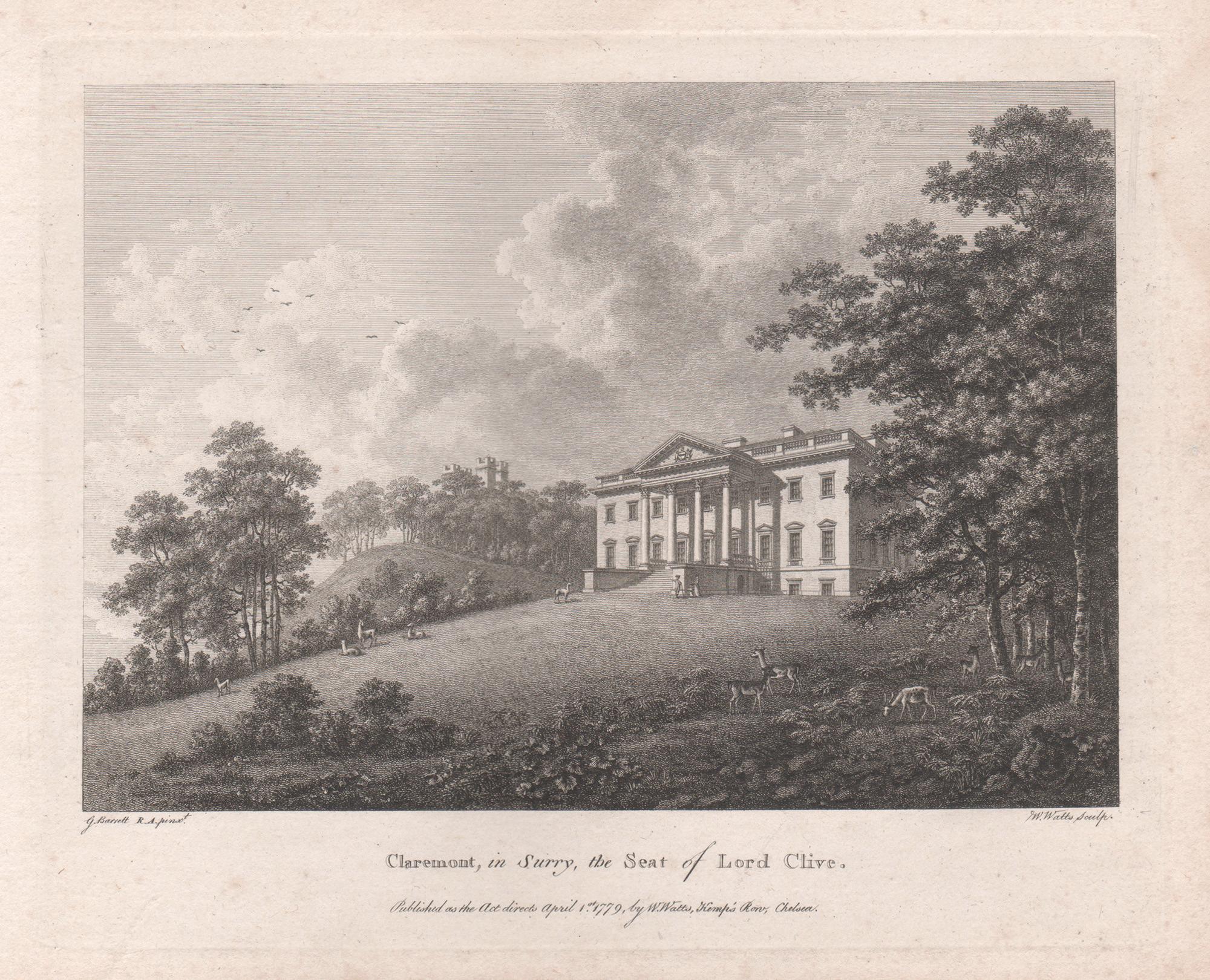 William Watts Landscape Print – Claremont, in Surrey, englische Landhausgravur des 18. Jahrhunderts, 1782