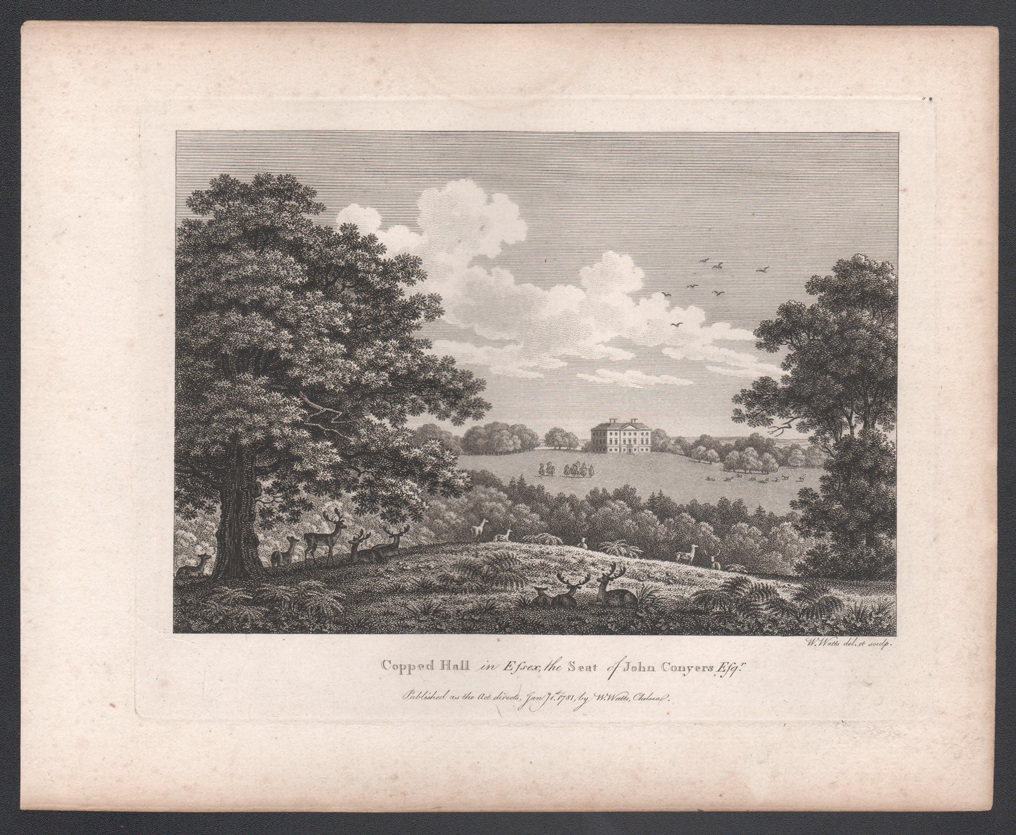 Copped Hall in Essex, englische Landhausgravur des 18. Jahrhunderts, 1781 – Print von William Watts