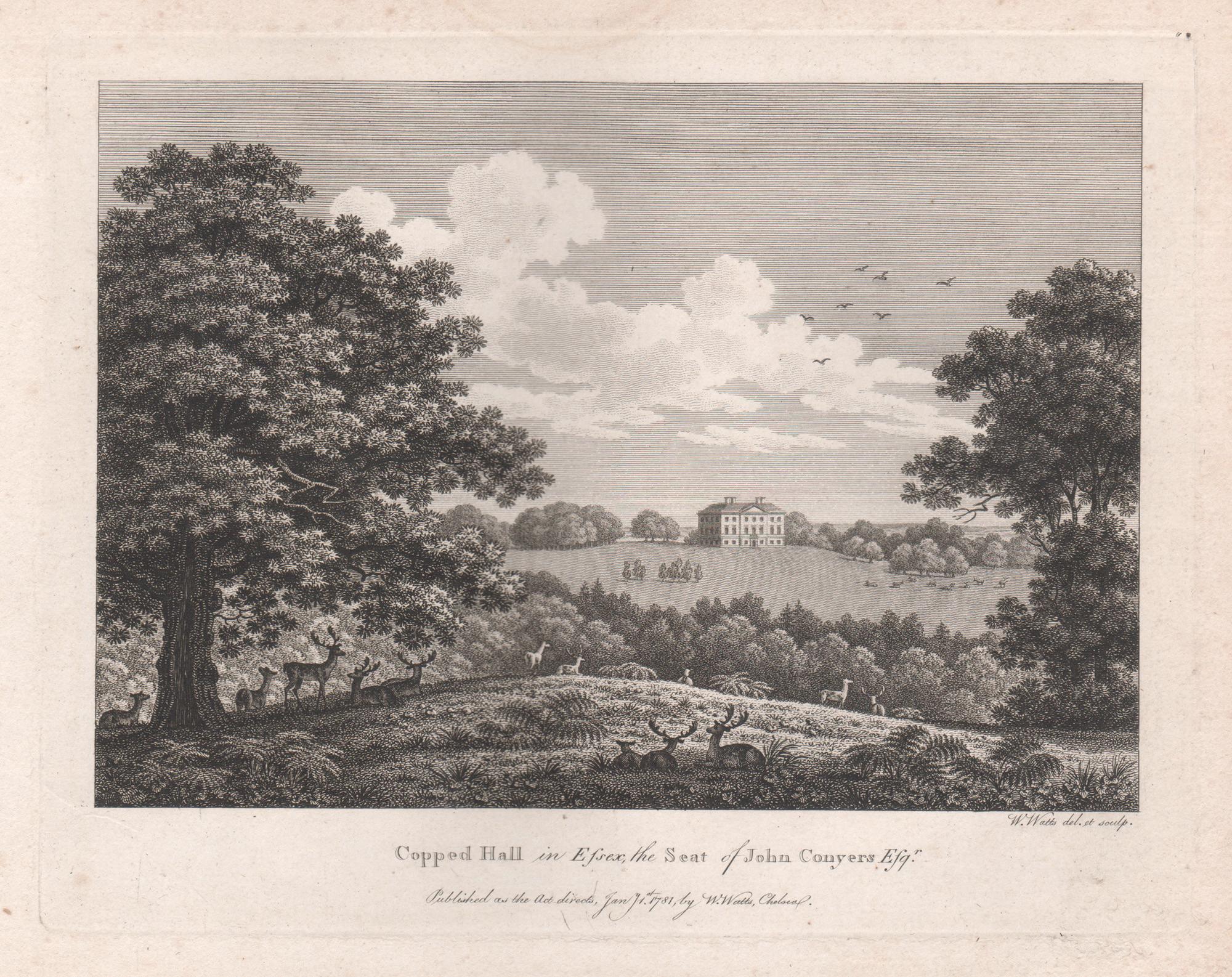 William Watts Landscape Print – Copped Hall in Essex, englische Landhausgravur des 18. Jahrhunderts, 1781