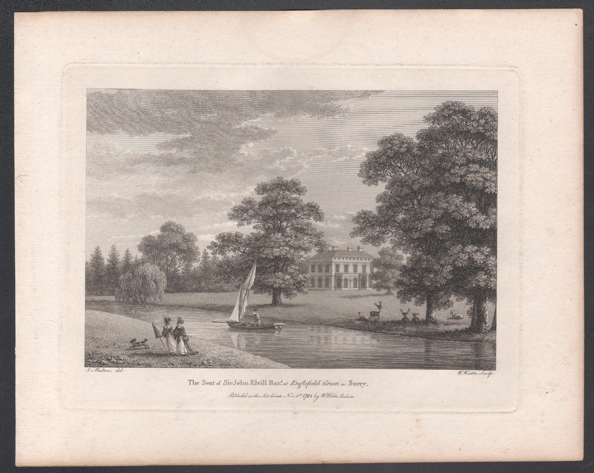 Englefield Green, Surrey, englische Landhausgravur des 18. Jahrhunderts, 1784 – Print von William Watts