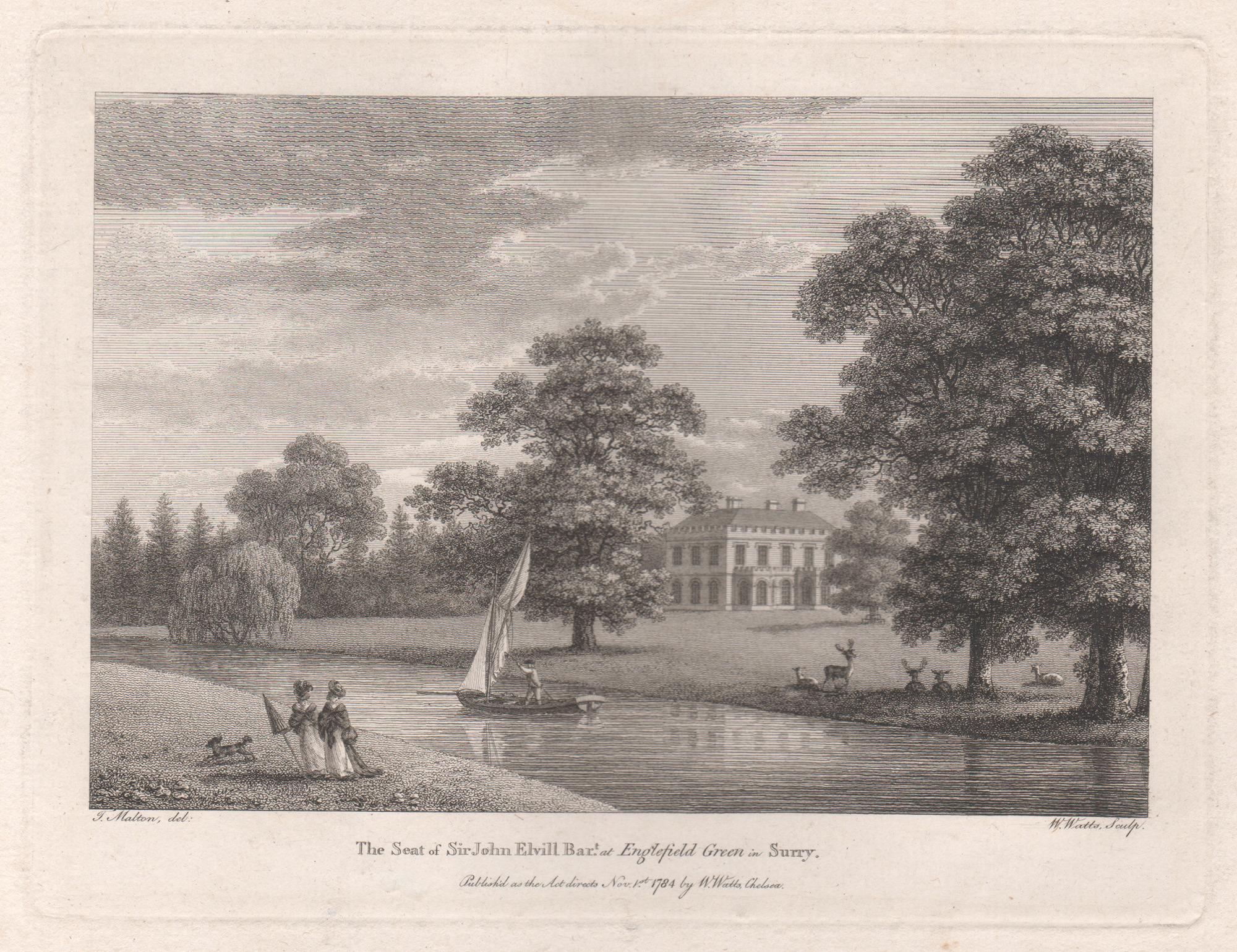 William Watts Landscape Print – Englefield Green, Surrey, englische Landhausgravur des 18. Jahrhunderts, 1784