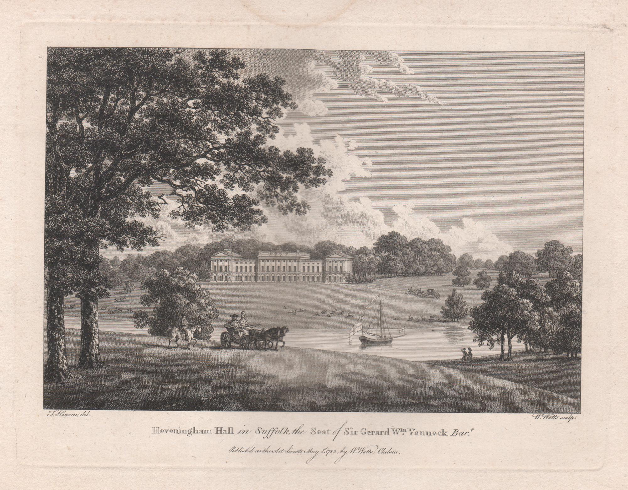 William Watts Landscape Print – Heveningham Hall in Suffolk, Gravur eines englischen Landhauses aus dem 18. Jahrhundert, 1782
