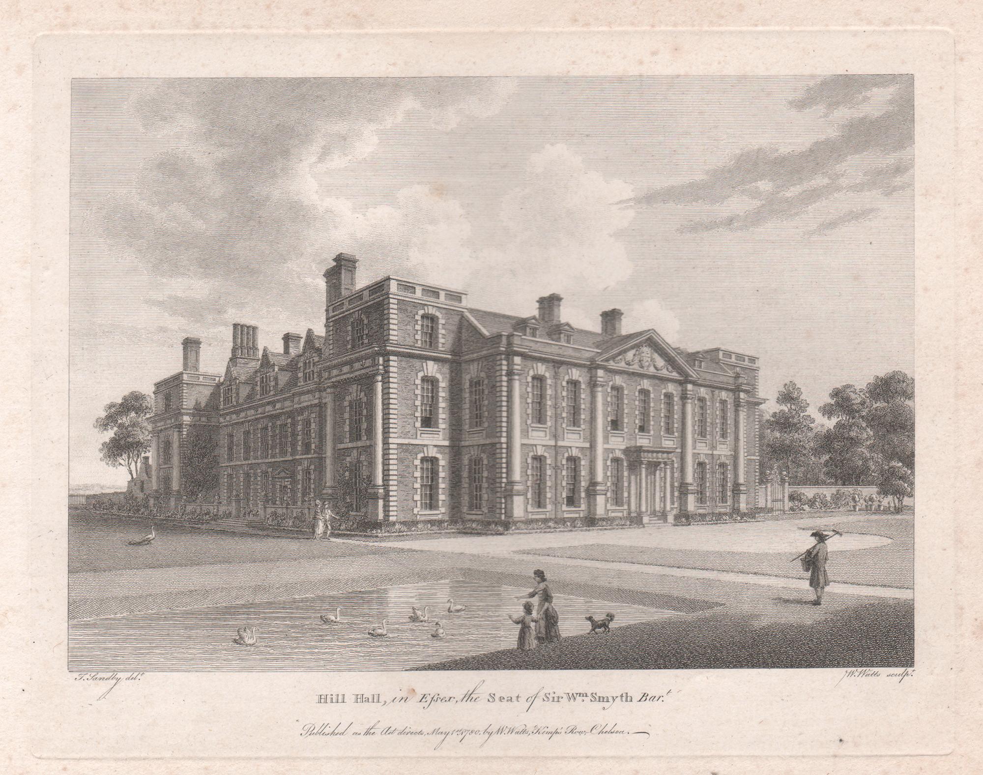 William Watts Landscape Print – Hill Hall in Essex, englische Landhausgravur aus dem 18. Jahrhundert, 1780