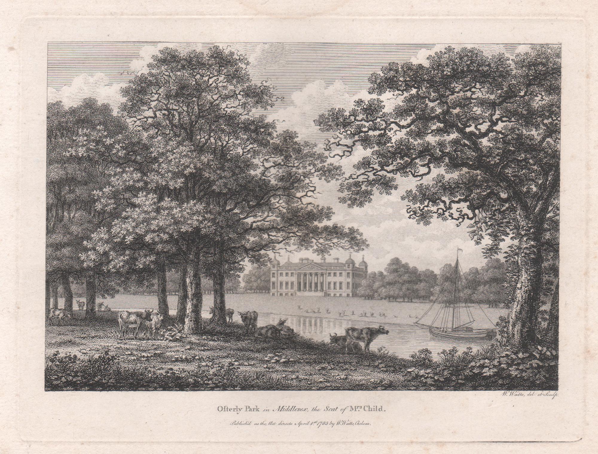 William Watts Landscape Print – Osterley Park, Middlesex, Gravur eines englischen Landhauses aus dem 18. Jahrhundert, 1784