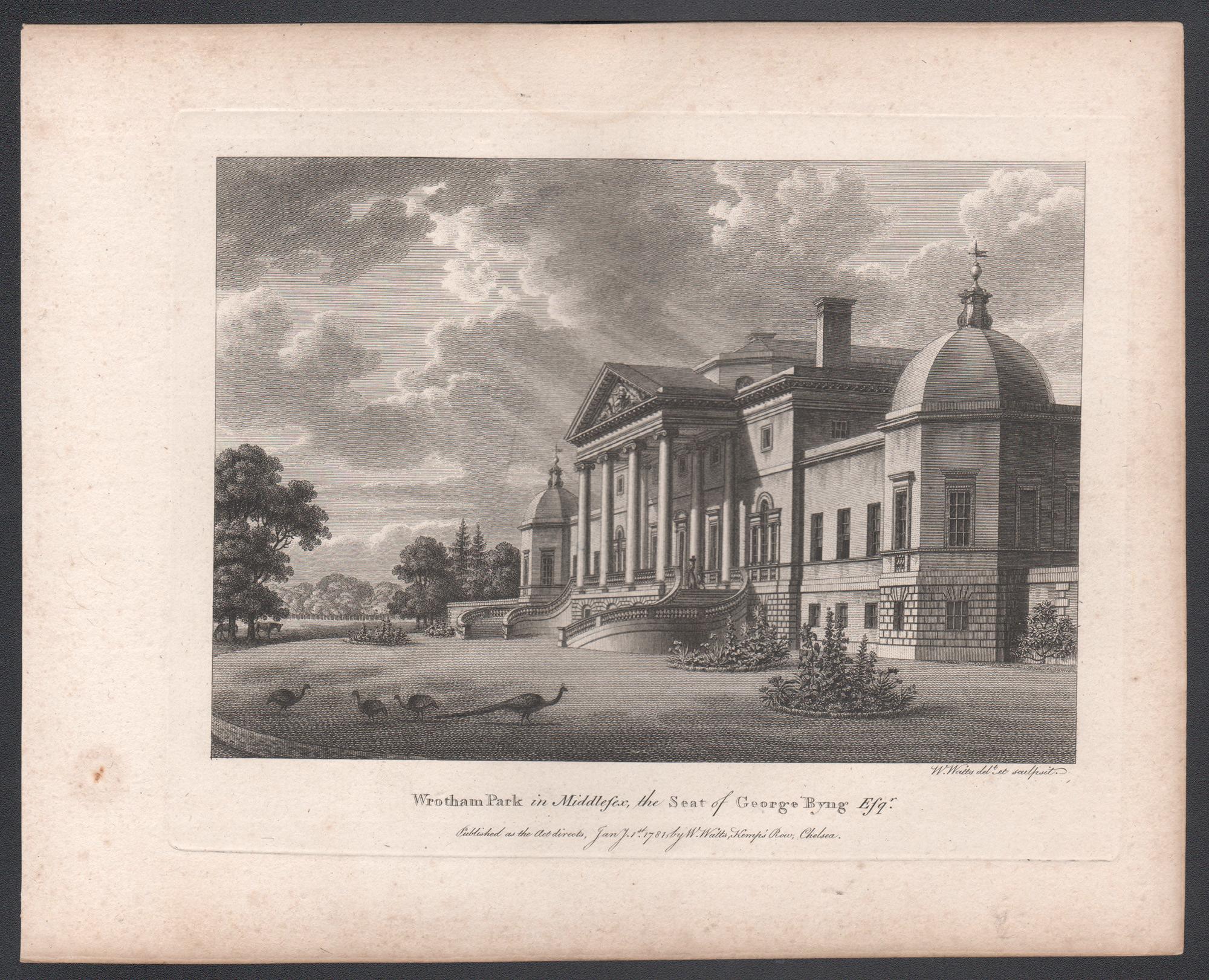 Wrotham Park in Middlesex, Gravur eines englischen Landhauses aus dem 18. Jahrhundert, 1781 – Print von William Watts
