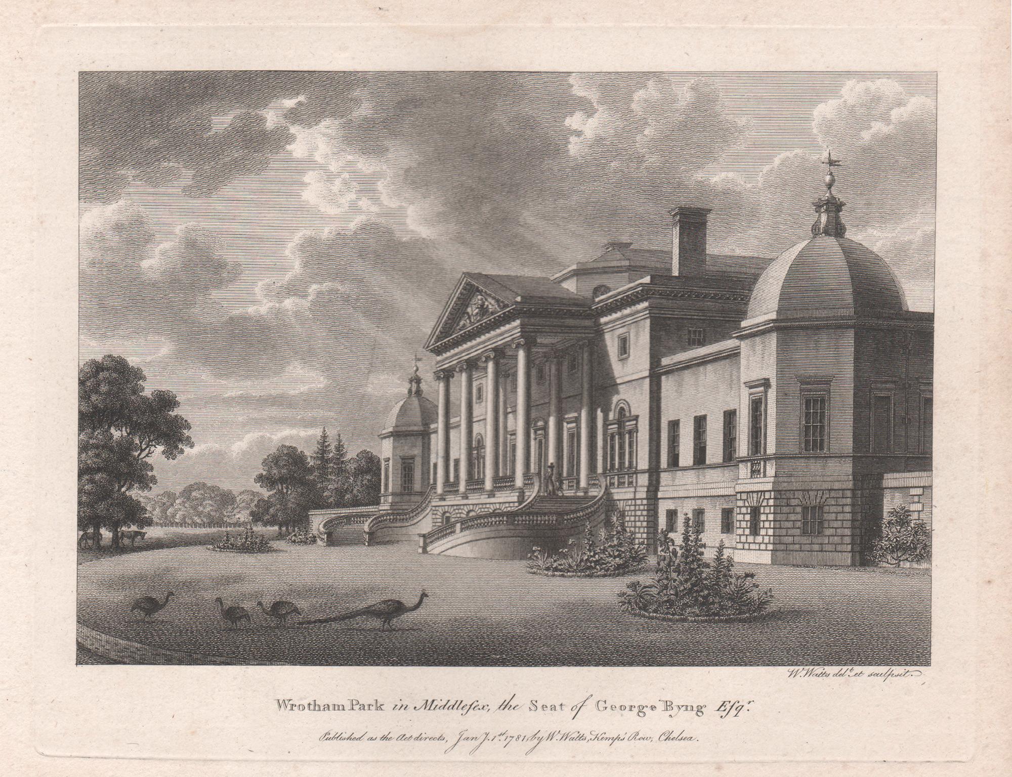 William Watts Landscape Print – Wrotham Park in Middlesex, Gravur eines englischen Landhauses aus dem 18. Jahrhundert, 1781