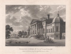Antique Wrotham Park in Middlesex, 18th century English country house engraving, 1781